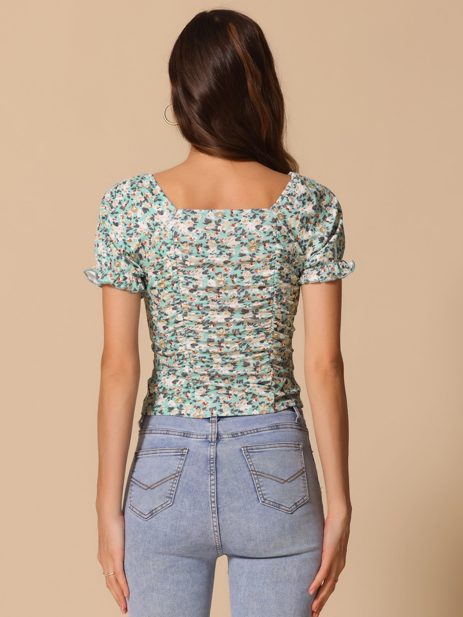 Smocked Crop Top Slim Fit Peasant Floral Blouse