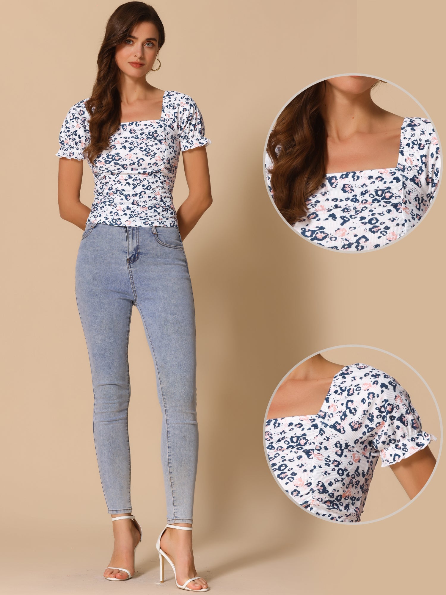 Smocked Crop Top Slim Fit Peasant Floral Blouse