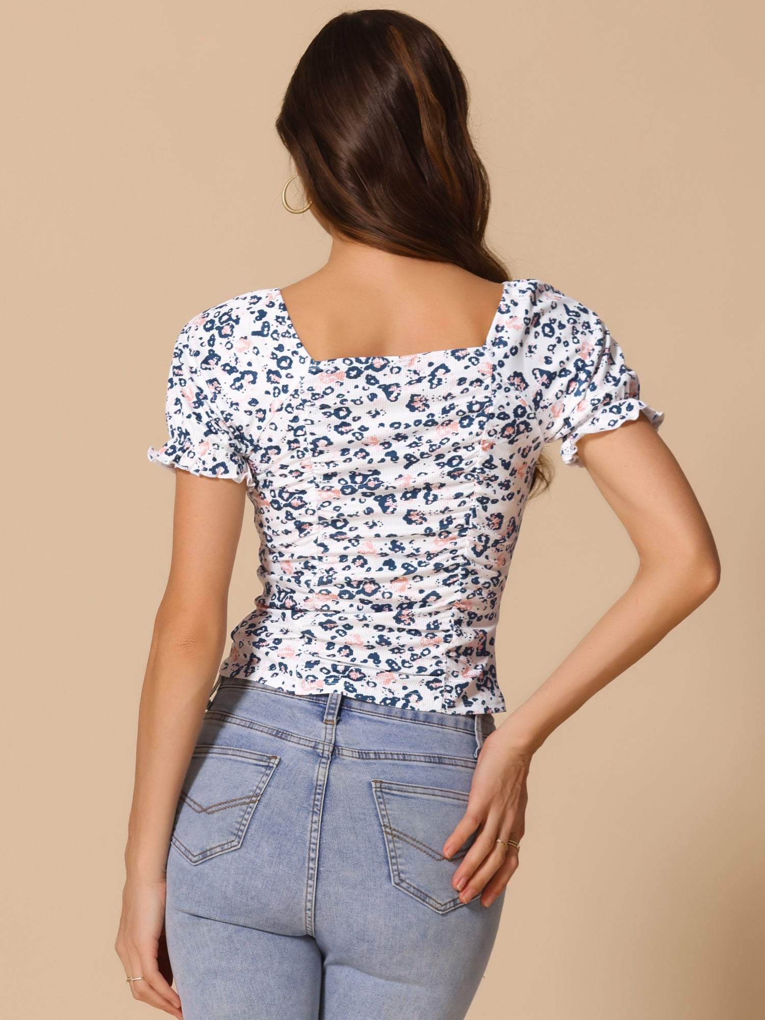 Smocked Crop Top Slim Fit Peasant Floral Blouse
