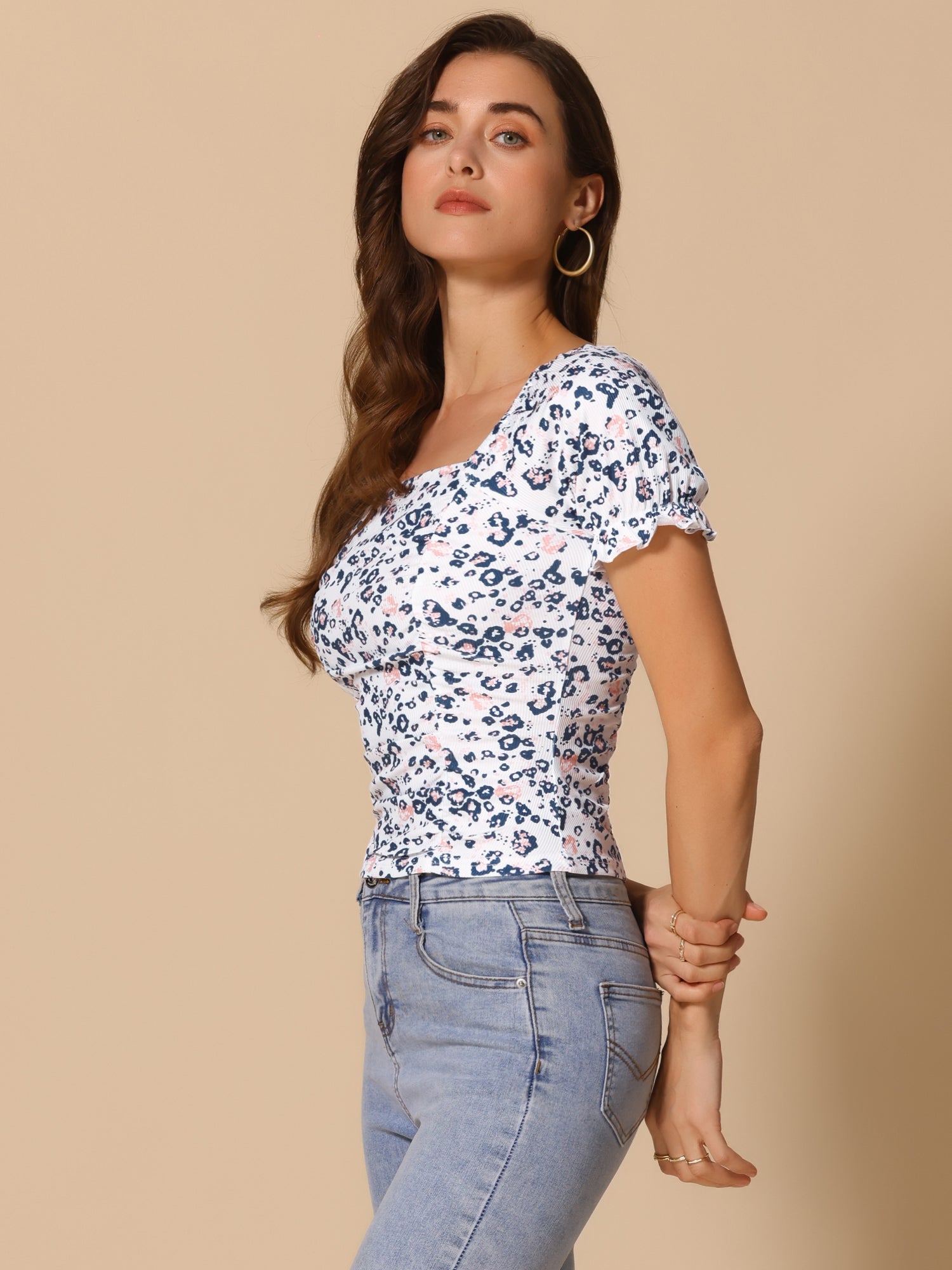 Smocked Crop Top Slim Fit Peasant Floral Blouse