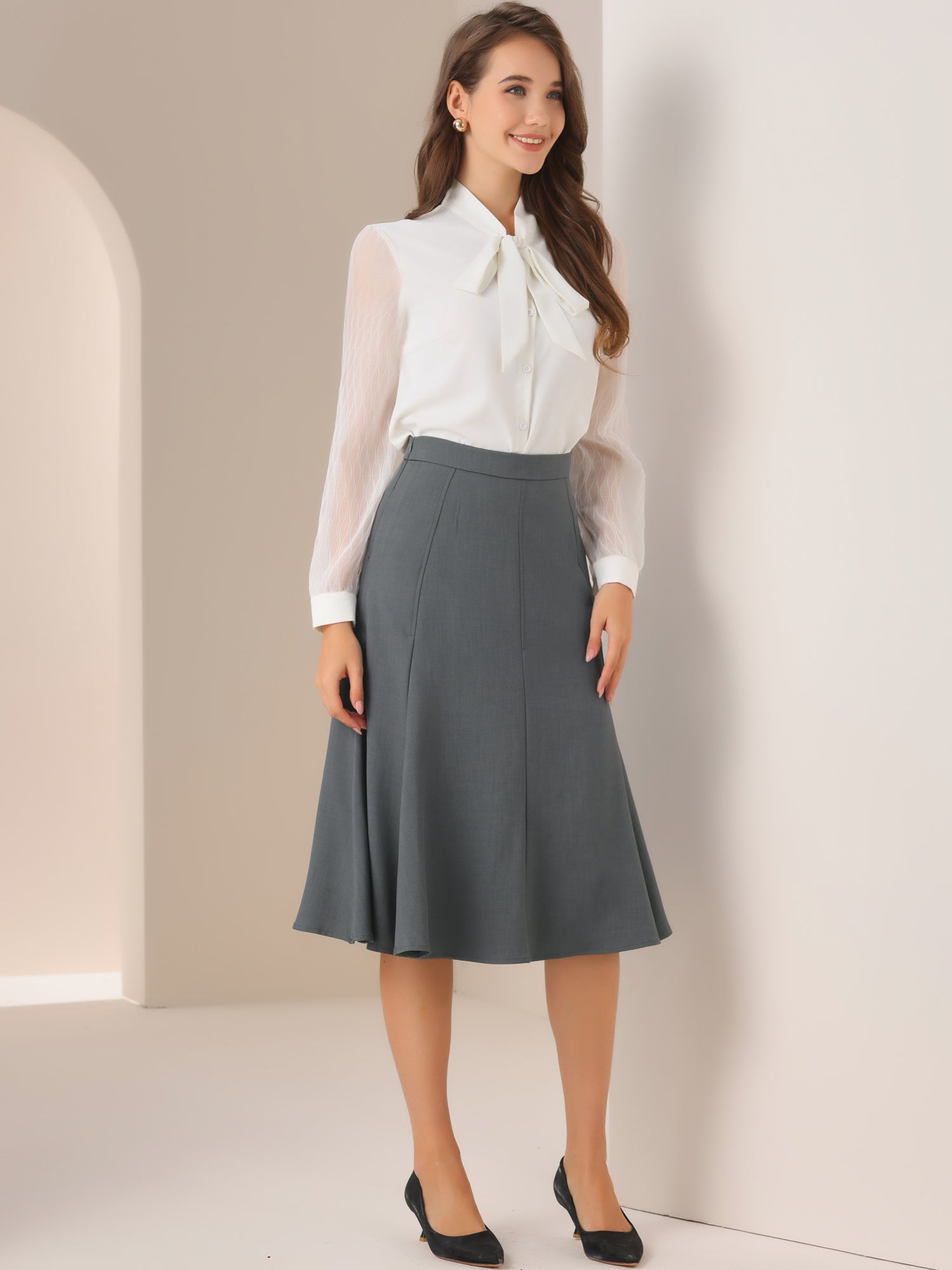 Side Zipper High Waist Elegant Flared A Line Midi Skirt