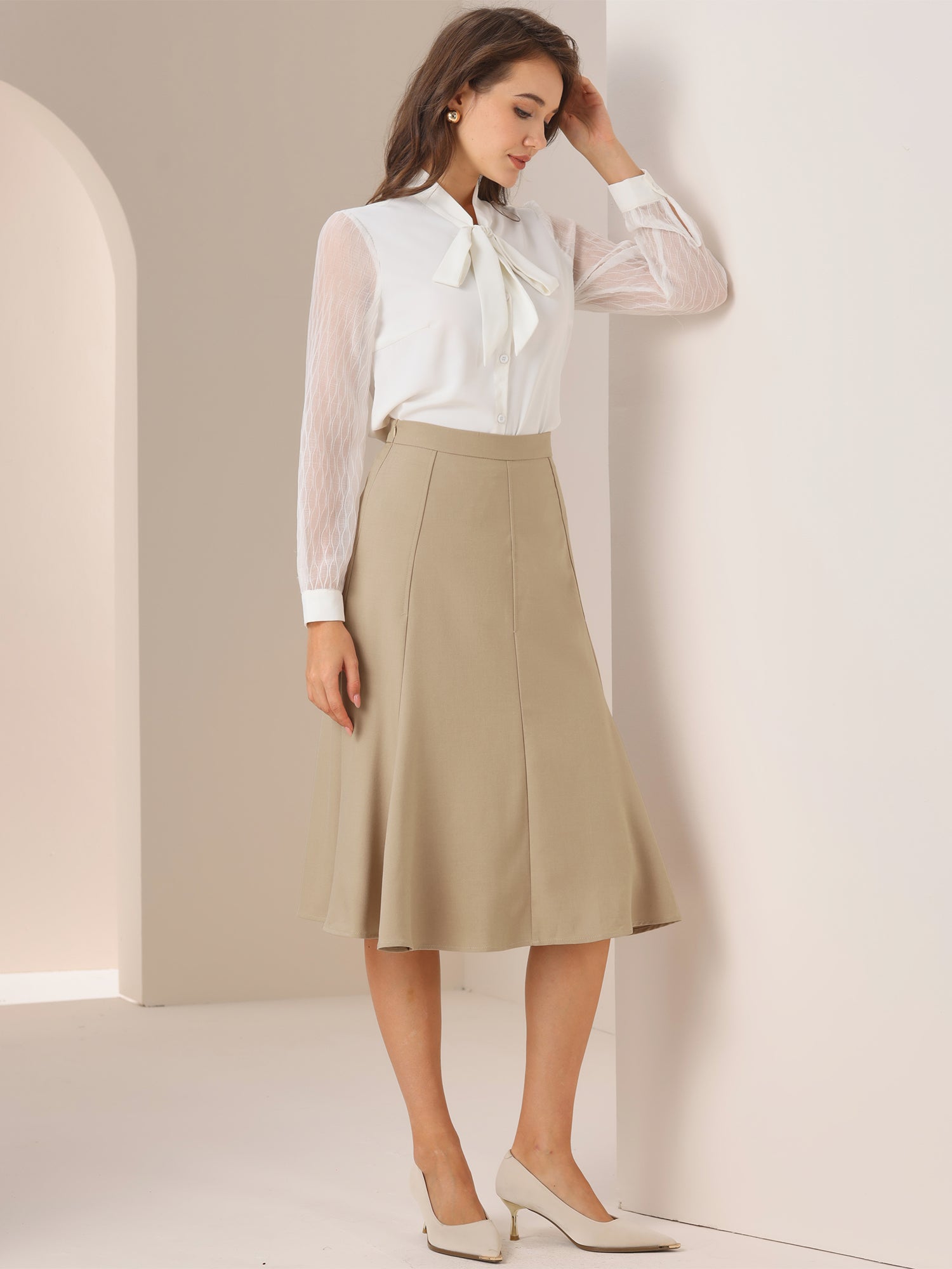 Side Zipper High Waist Elegant Flared A Line Midi Skirt