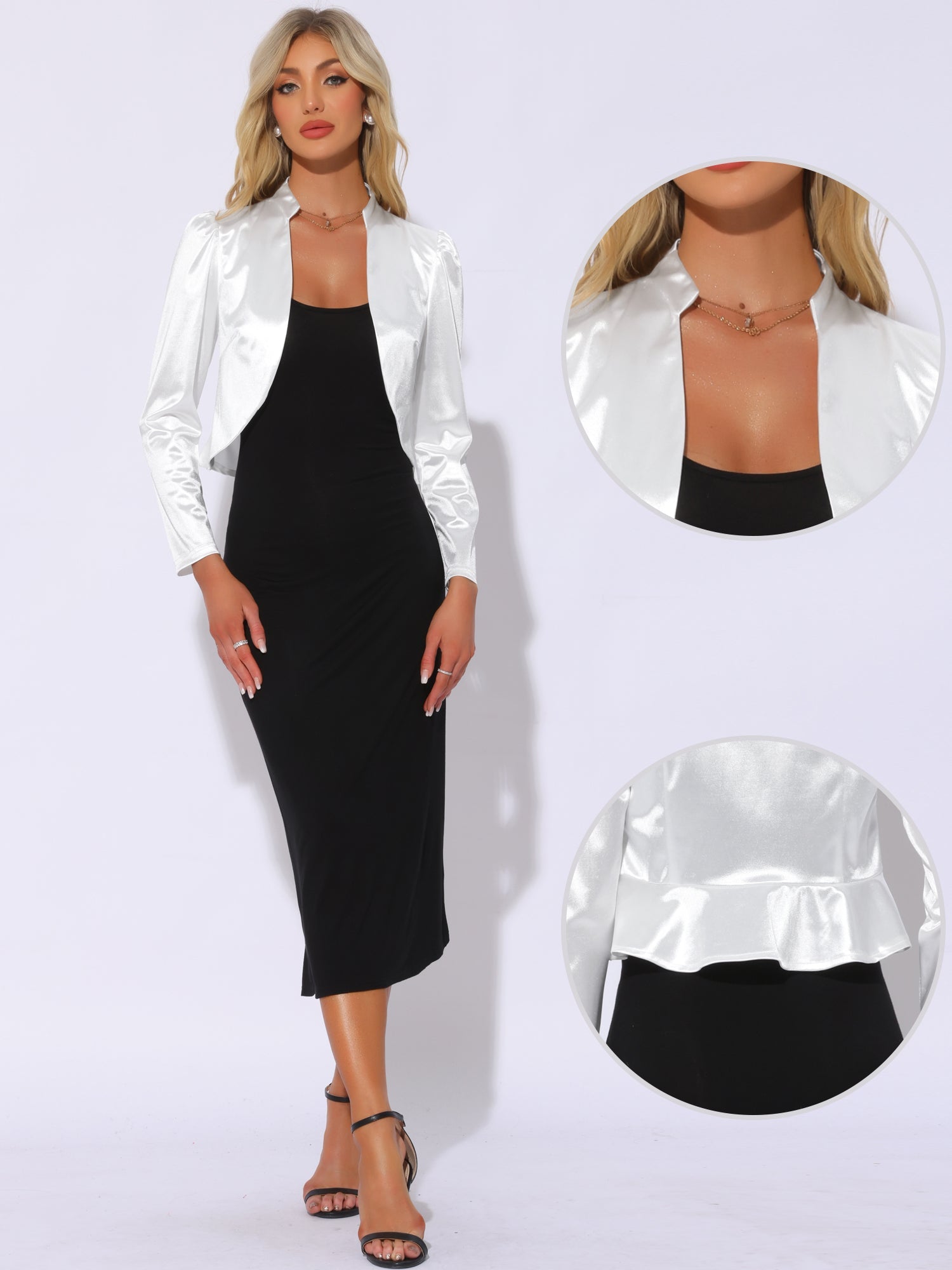 Satin Open Front Long Sleeves Cropped Bolero Shrug