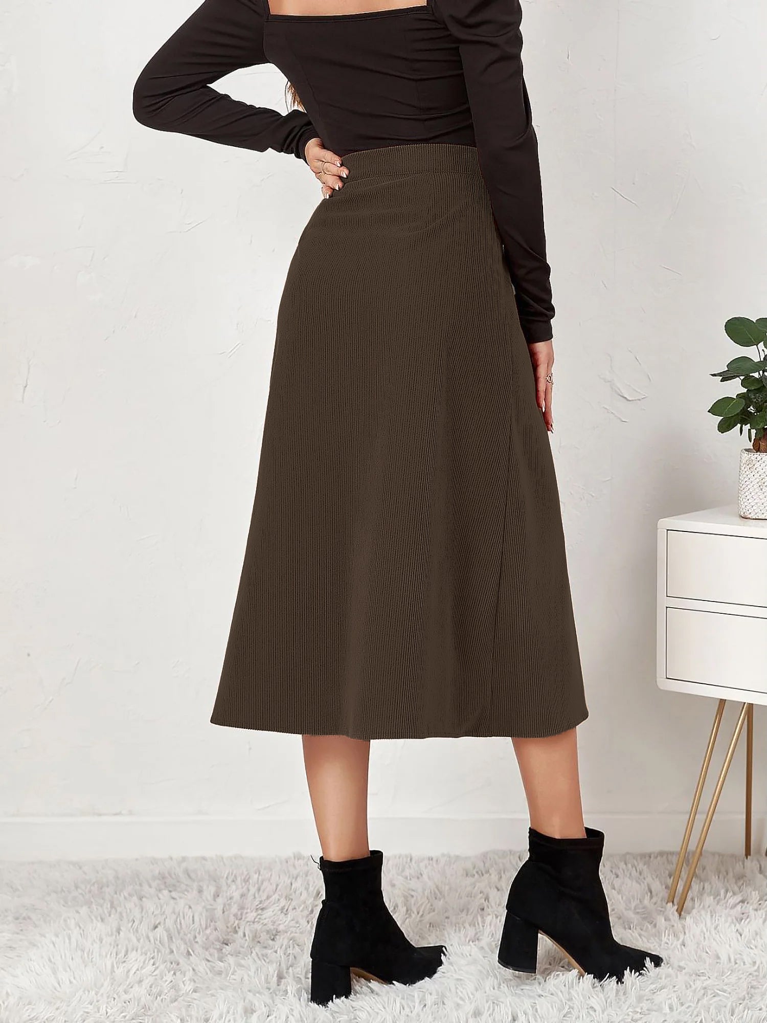 Corduroy Buttoned Split Solid Color A-Line Midi Skirt