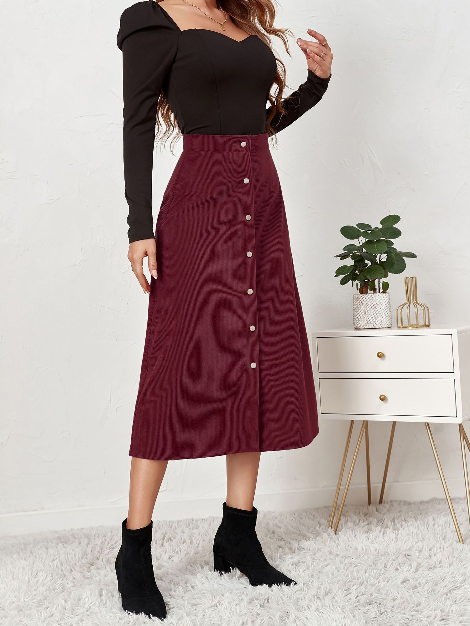 Corduroy Buttoned Split Solid Color A-Line Midi Skirt