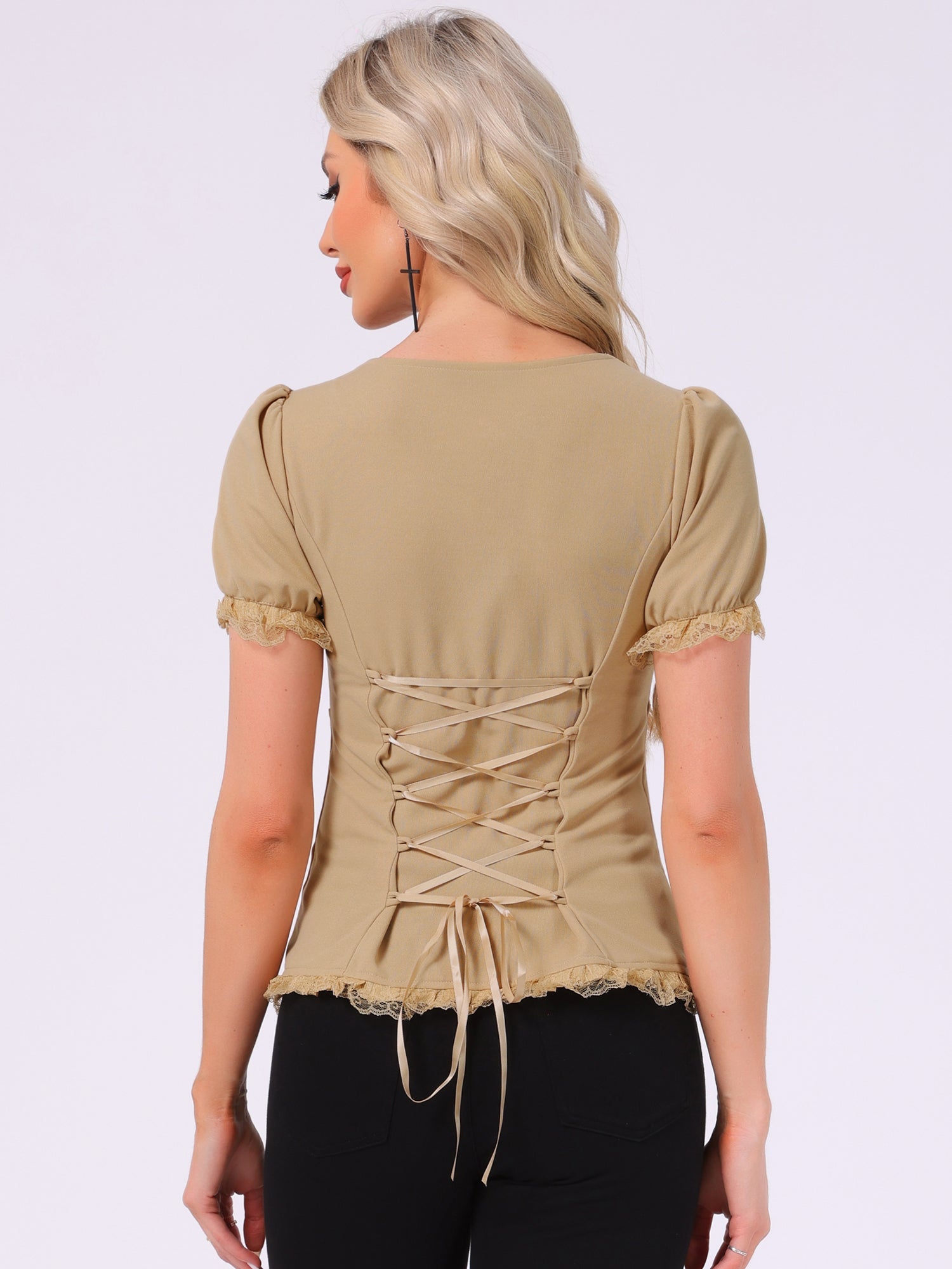 Sweetheart Neck Puff Short Sleeve Lace Up Gothic Blouse