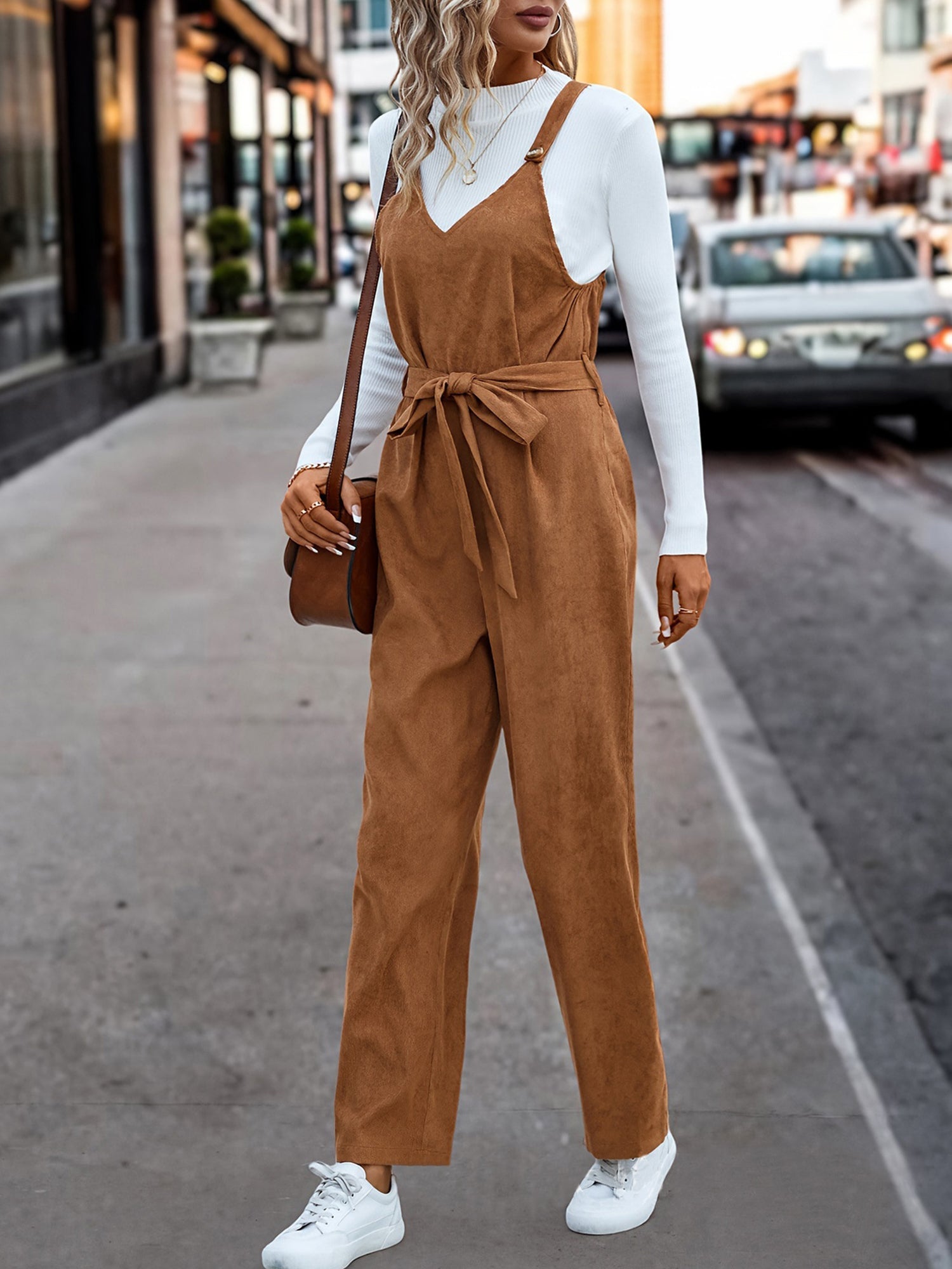 Corduroy Solid Color Belted Lace-Up Overalls Jumpsuits