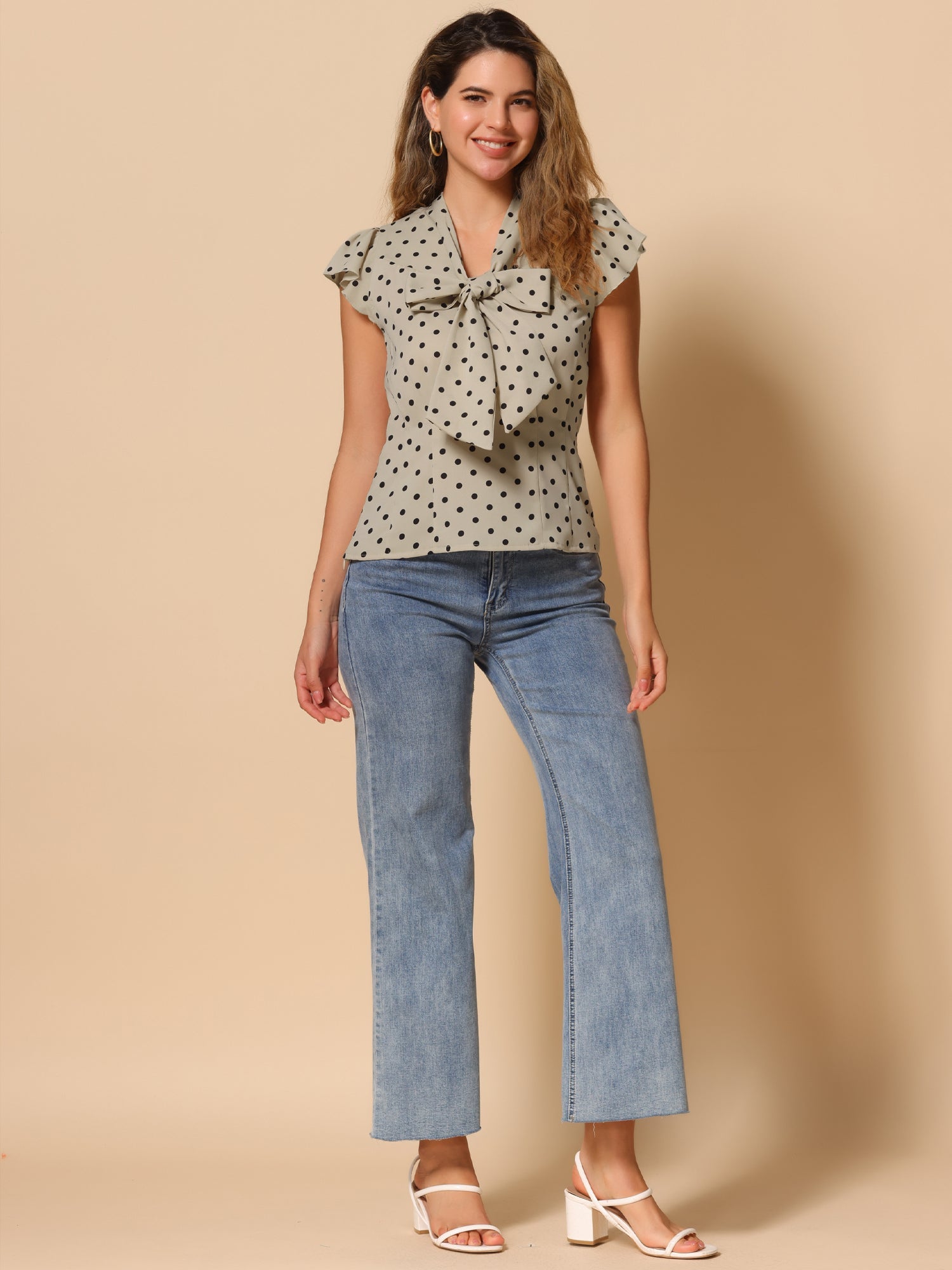 Summer Polka Dots Top Bow Tie V Neck Ruffled Cap Sleeve Office Blouse