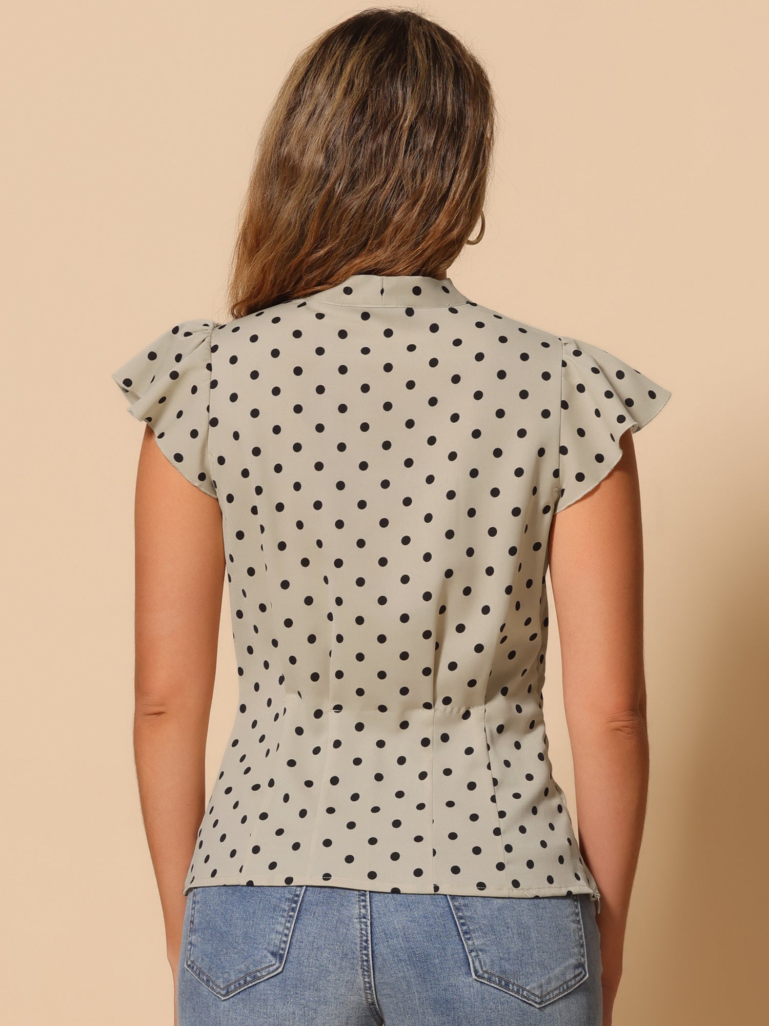 Summer Polka Dots Top Bow Tie V Neck Ruffled Cap Sleeve Office Blouse