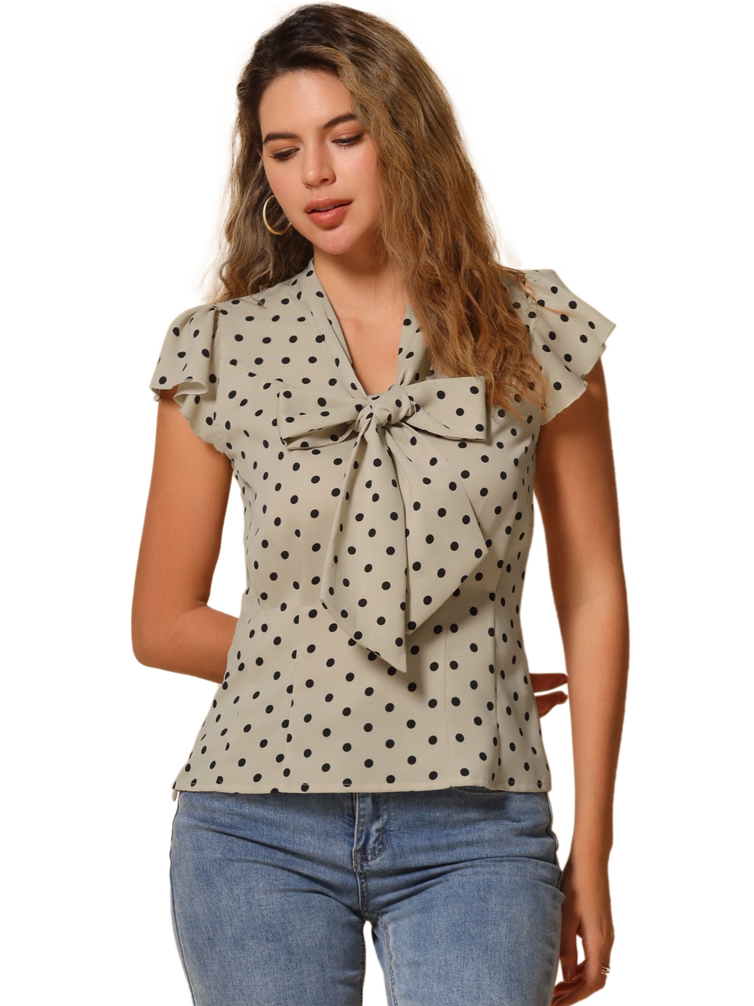Summer Polka Dots Top Bow Tie V Neck Ruffled Cap Sleeve Office Blouse