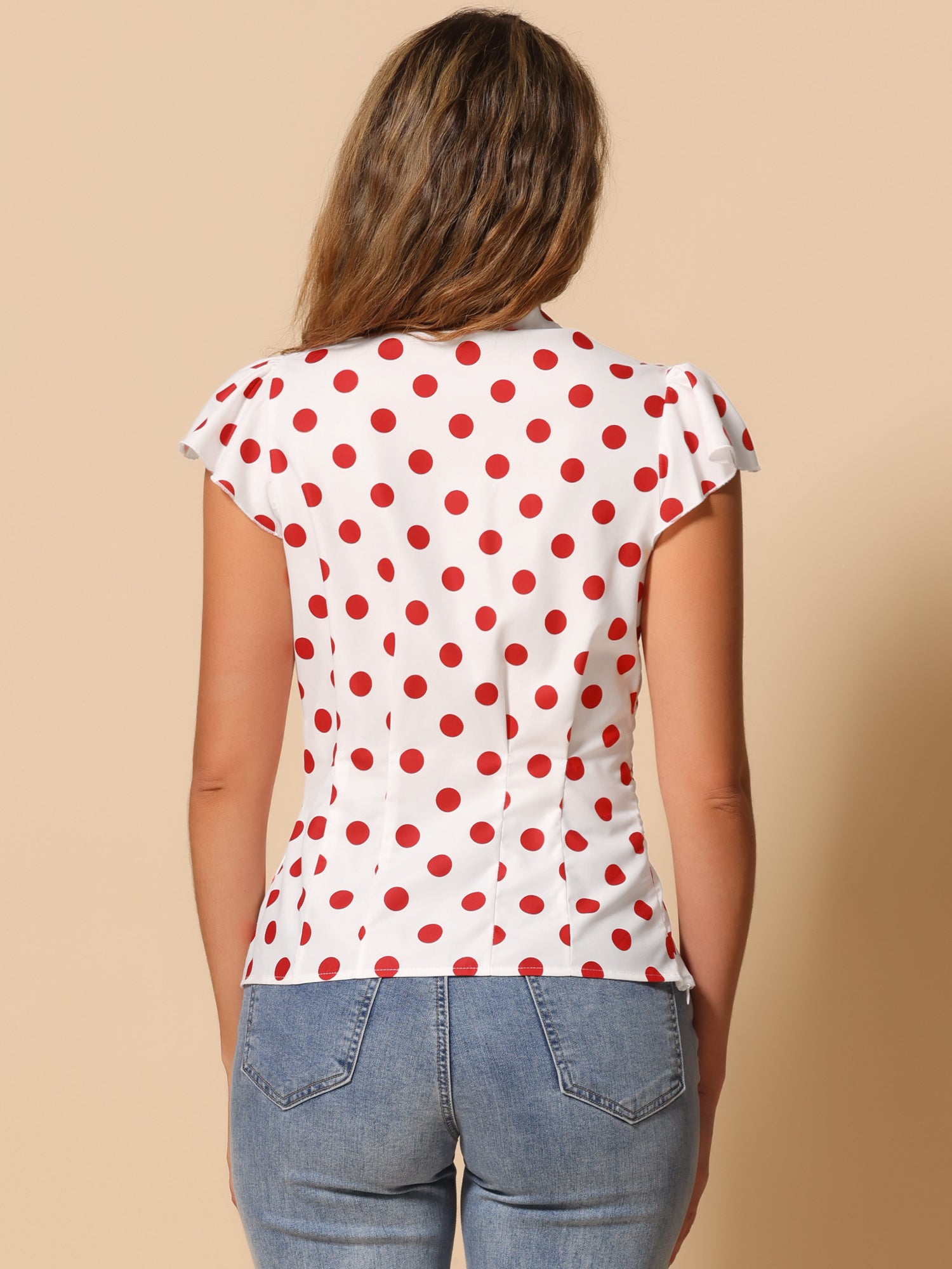 Summer Polka Dots Top Bow Tie V Neck Ruffled Cap Sleeve Office Blouse