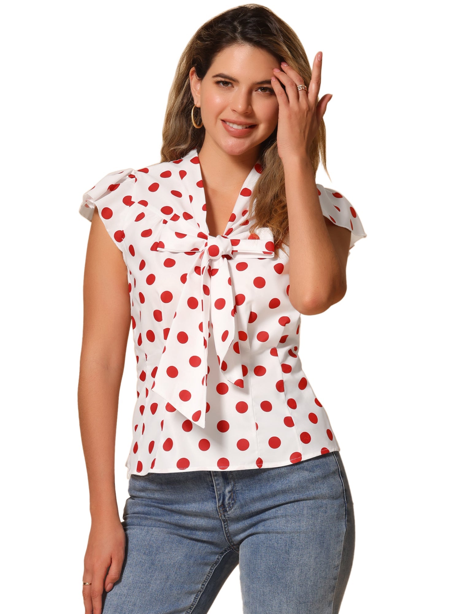 Summer Polka Dots Top Bow Tie V Neck Ruffled Cap Sleeve Office Blouse
