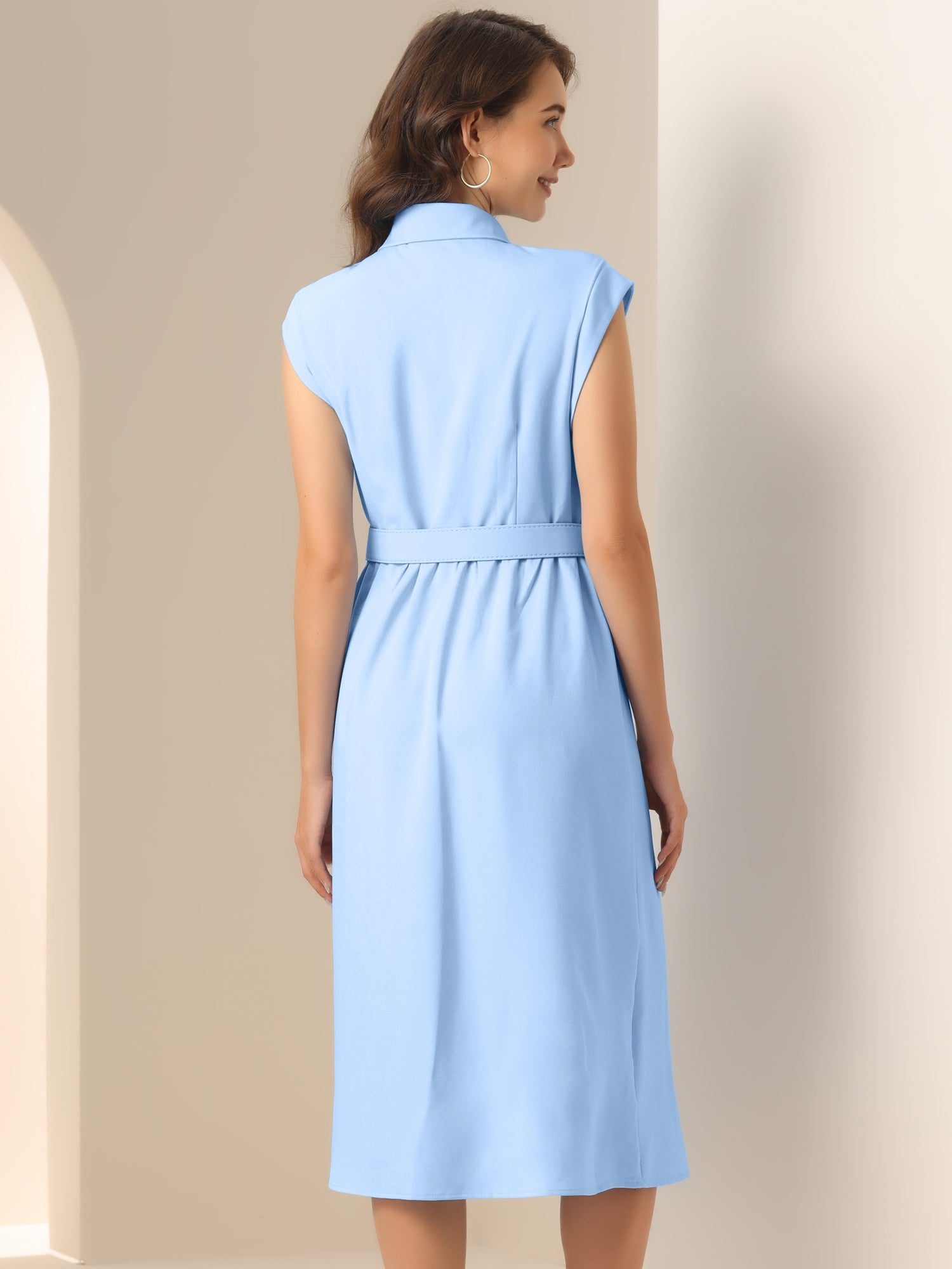 Cap Sleeves Collared Button Down Belted Midi Work Dress