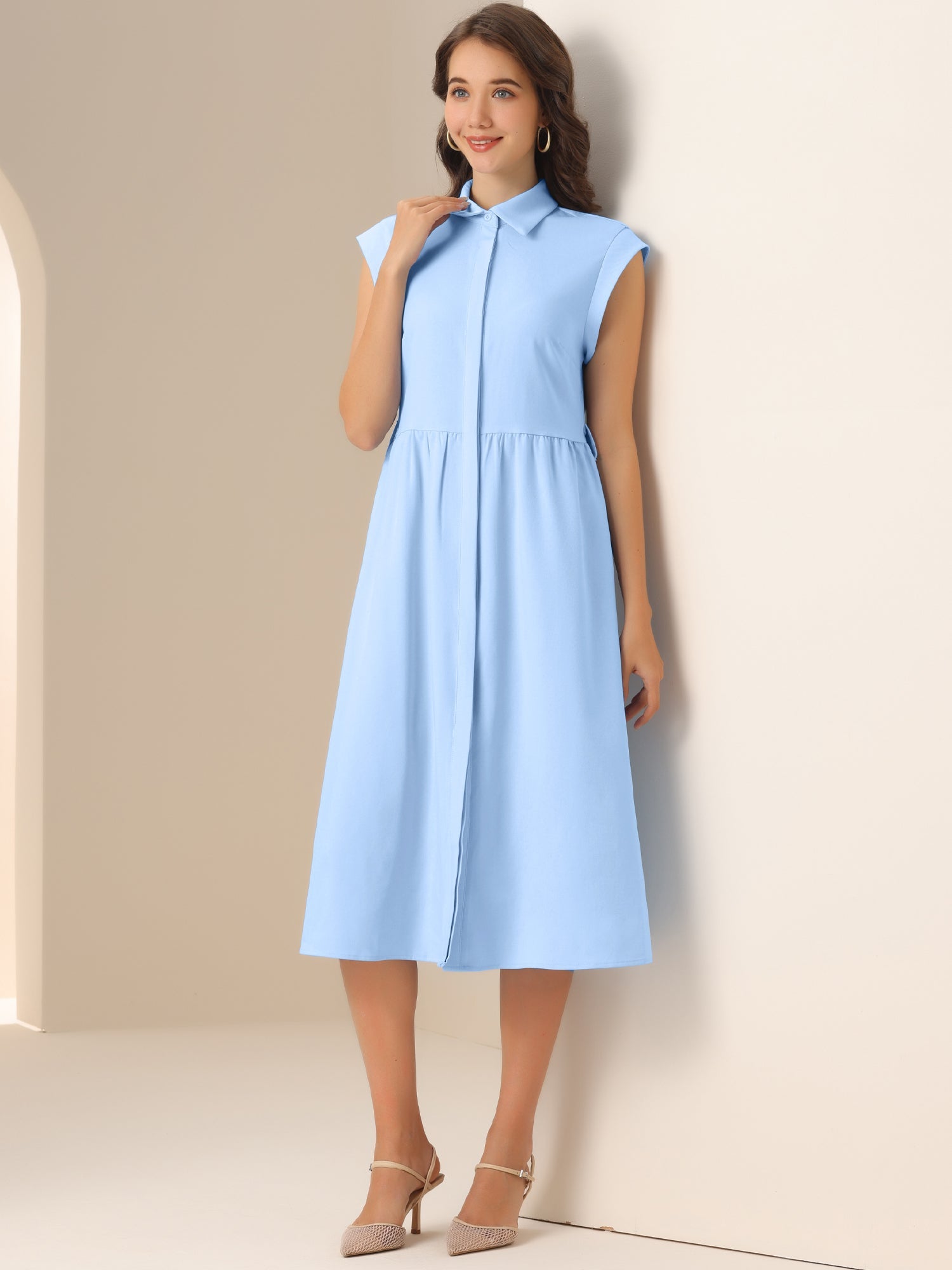 Cap Sleeves Collared Button Down Belted Midi Work Dress