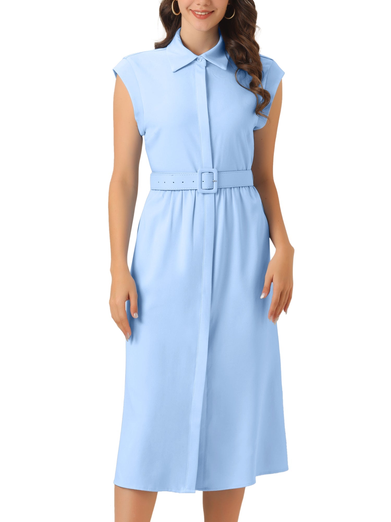 Cap Sleeves Collared Button Down Belted Midi Work Dress