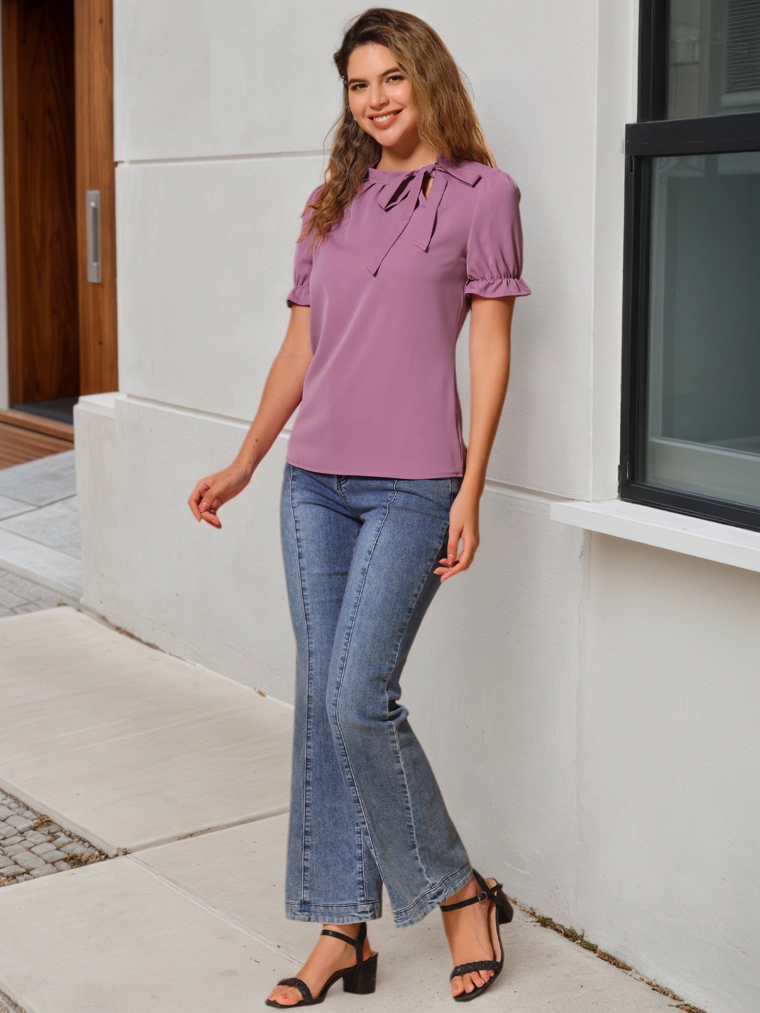 Bow Tie Neck Tops Elegant Office Short Sleeve Blouse