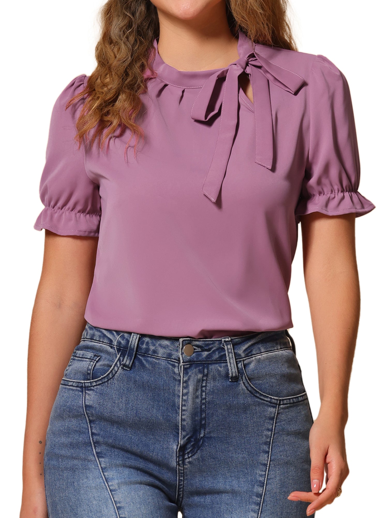 Bow Tie Neck Tops Elegant Office Short Sleeve Blouse