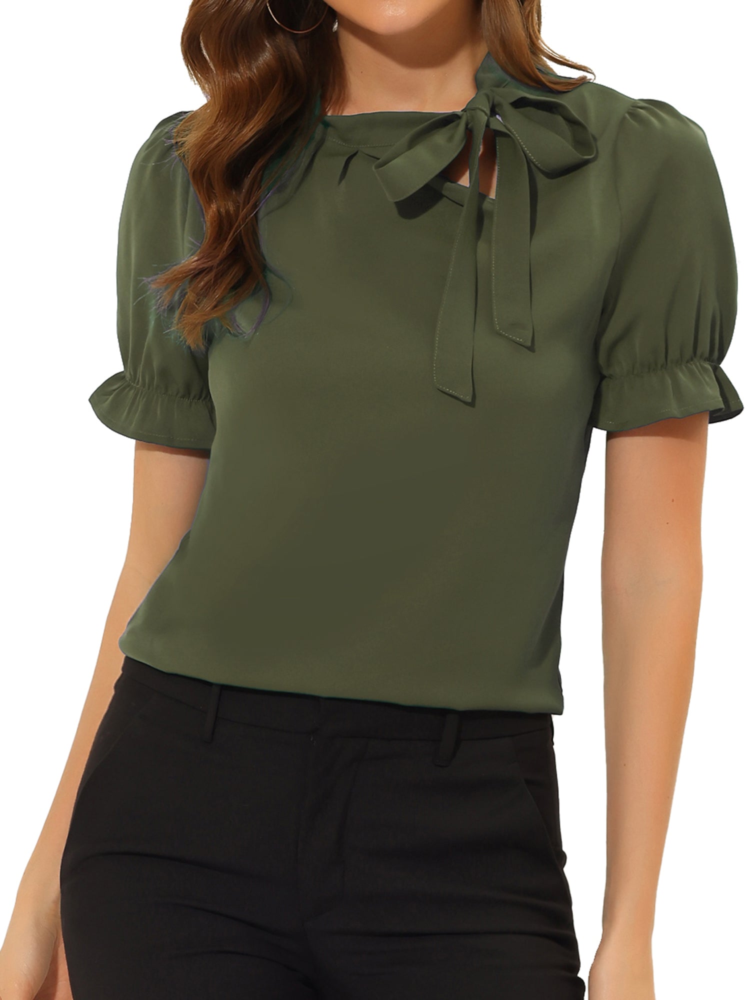Bow Tie Neck Tops Elegant Office Short Sleeve Blouse