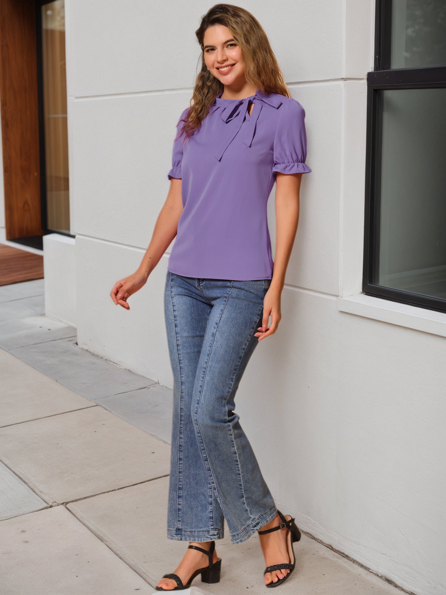Bow Tie Neck Tops Elegant Office Short Sleeve Blouse