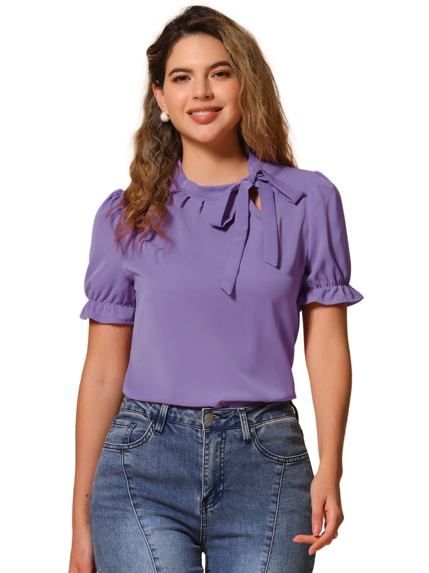 Bow Tie Neck Tops Elegant Office Short Sleeve Blouse