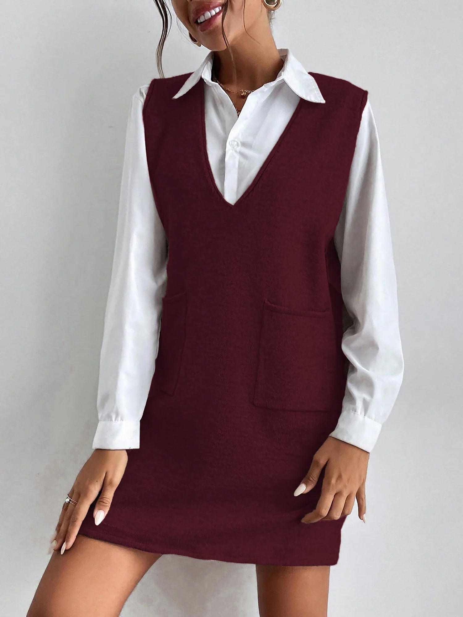V Neck Sleeveless Pocketed Knit Mini Sweater Dress