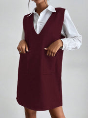 V Neck Sleeveless Pocketed Knit Mini Sweater Dress
