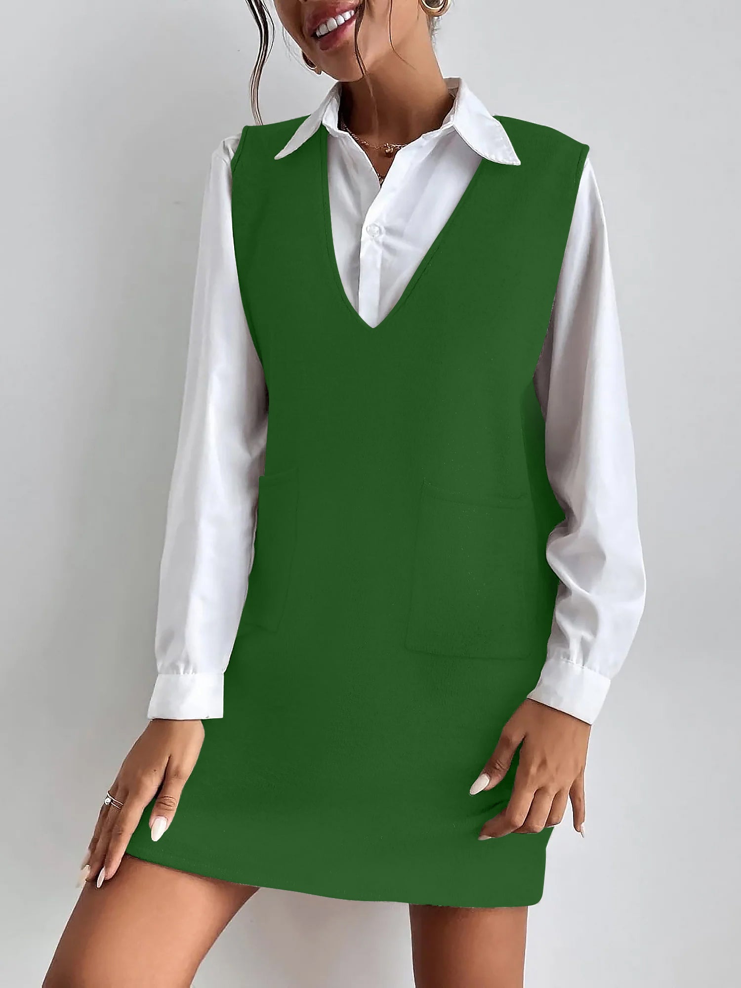 V Neck Sleeveless Pocketed Knit Mini Sweater Dress