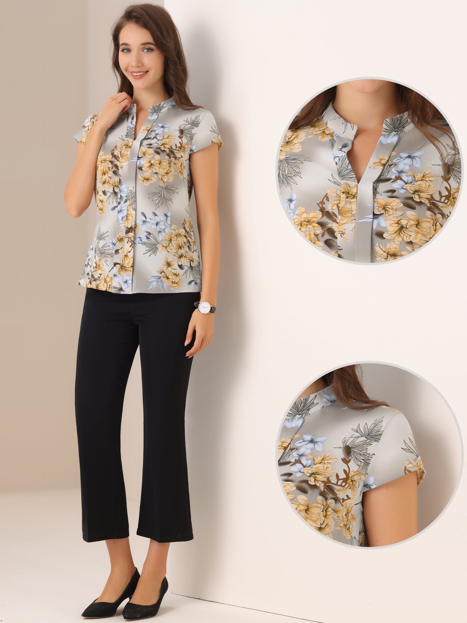 Satin Work Floral Vintage Stand Collar Cap Sleeve Blouse