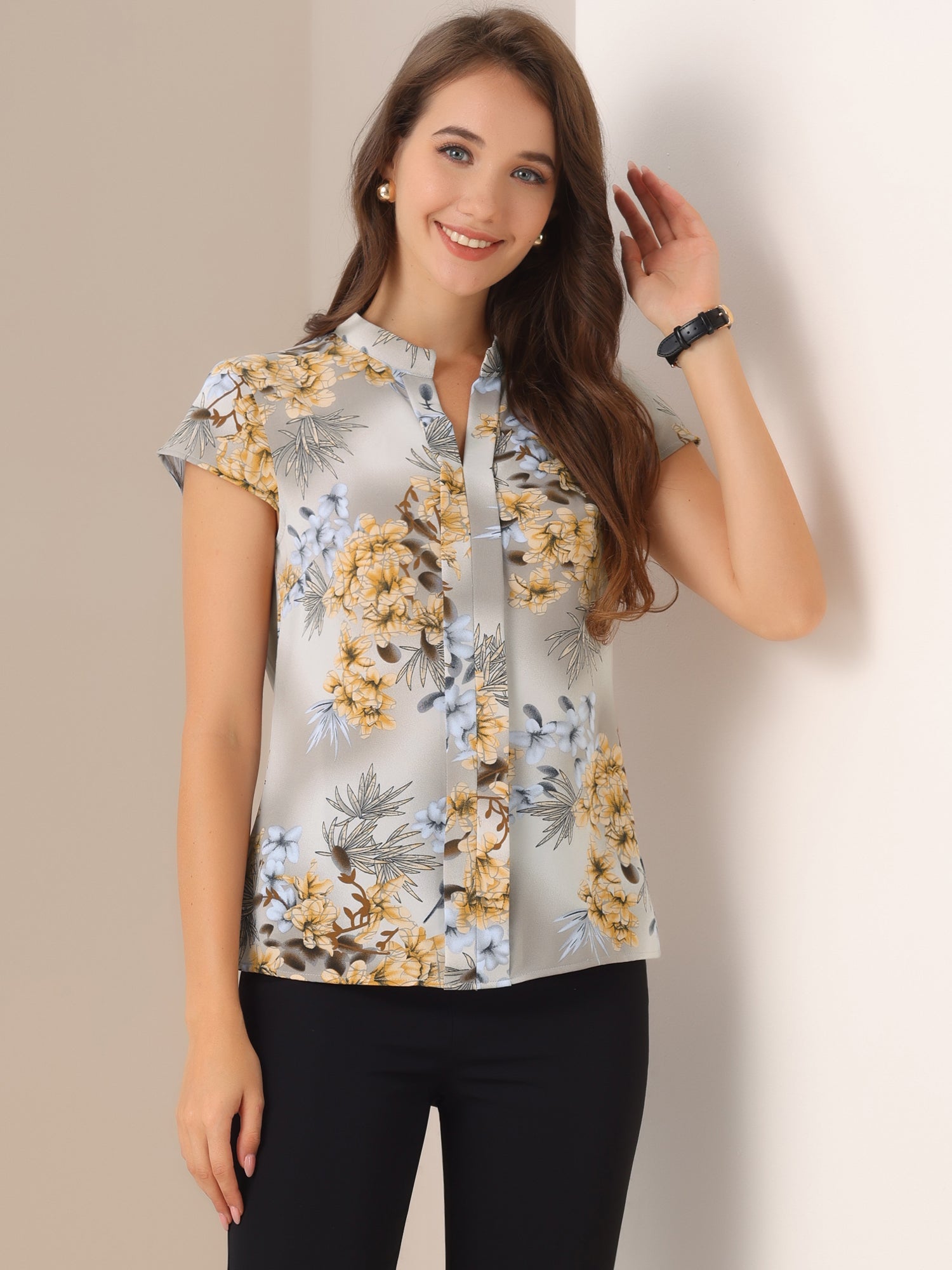 Satin Work Floral Vintage Stand Collar Cap Sleeve Blouse