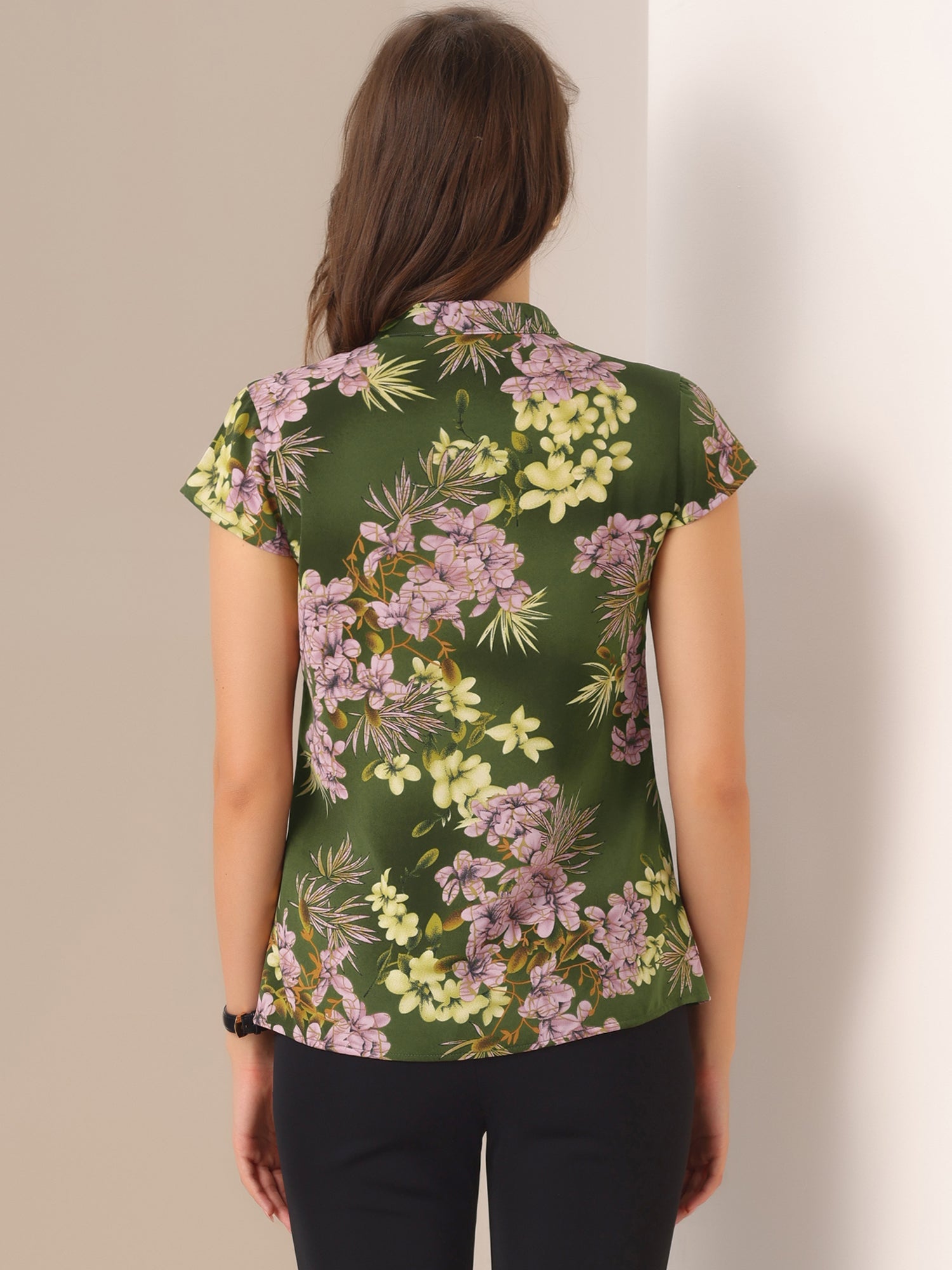 Satin Work Floral Vintage Stand Collar Cap Sleeve Blouse