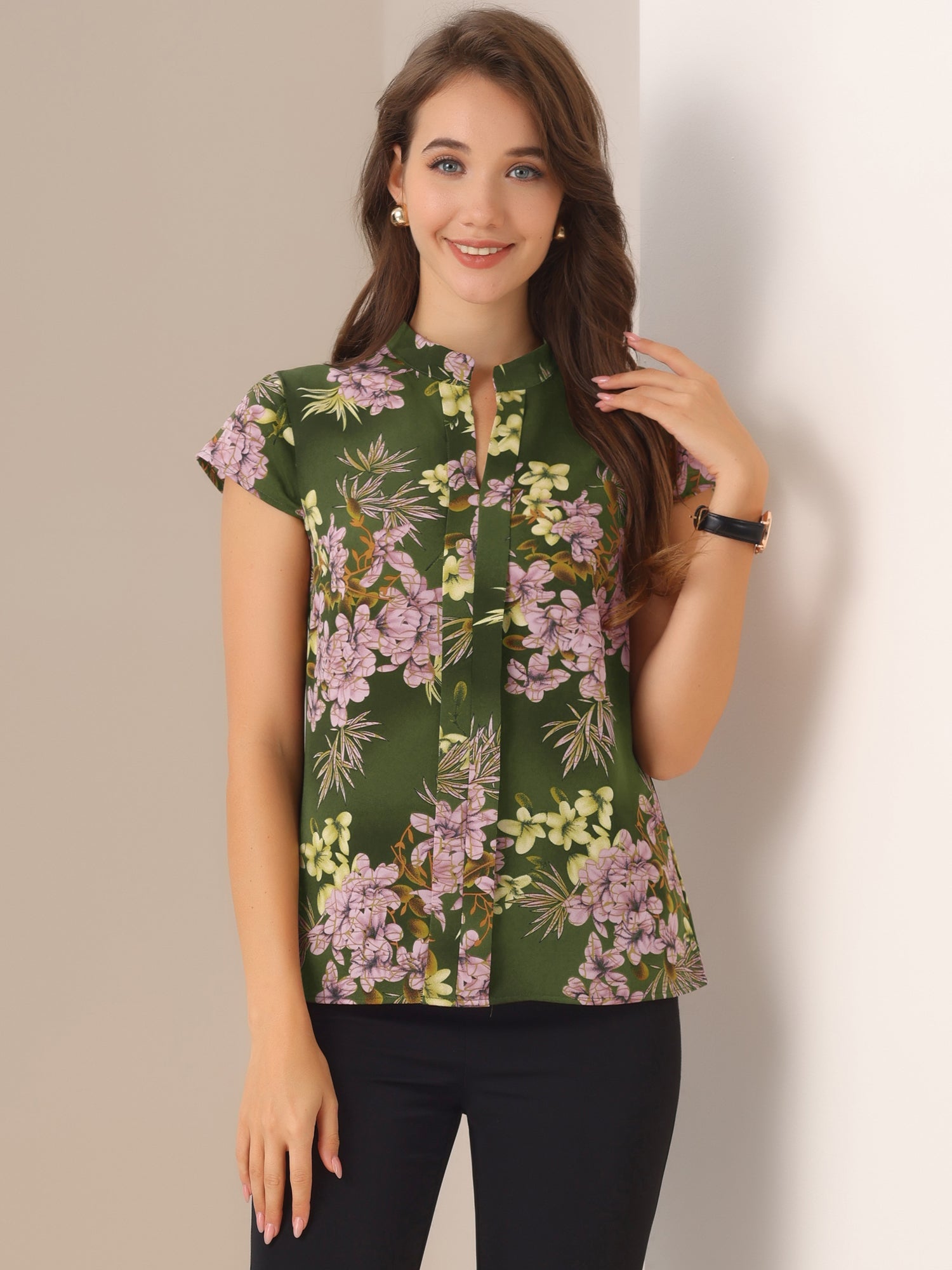 Satin Work Floral Vintage Stand Collar Cap Sleeve Blouse
