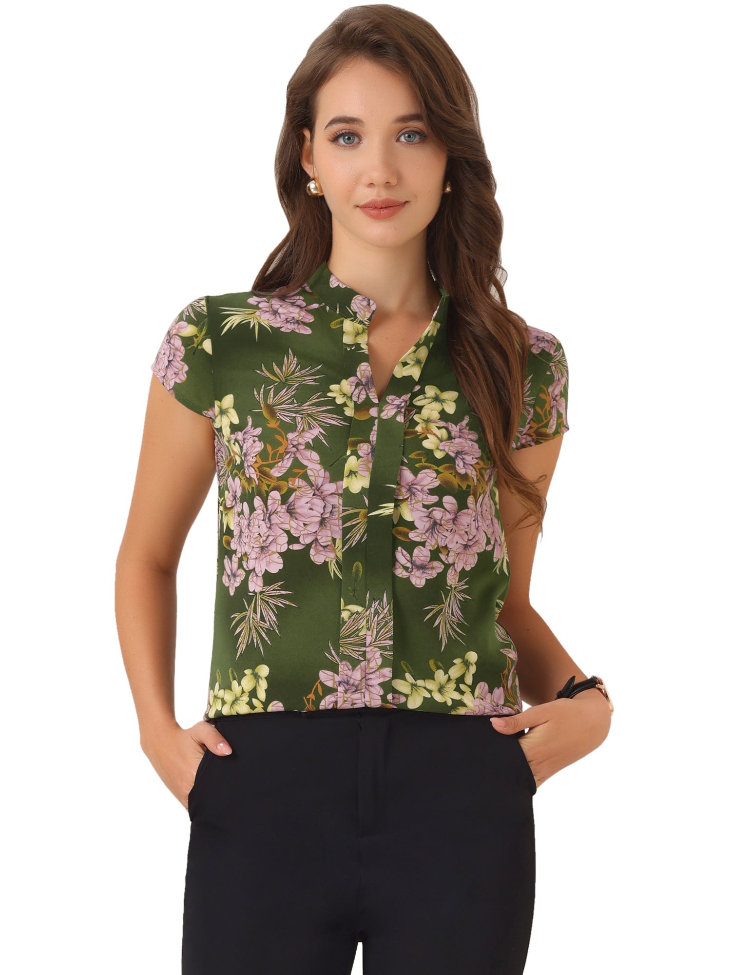 Satin Work Floral Vintage Stand Collar Cap Sleeve Blouse