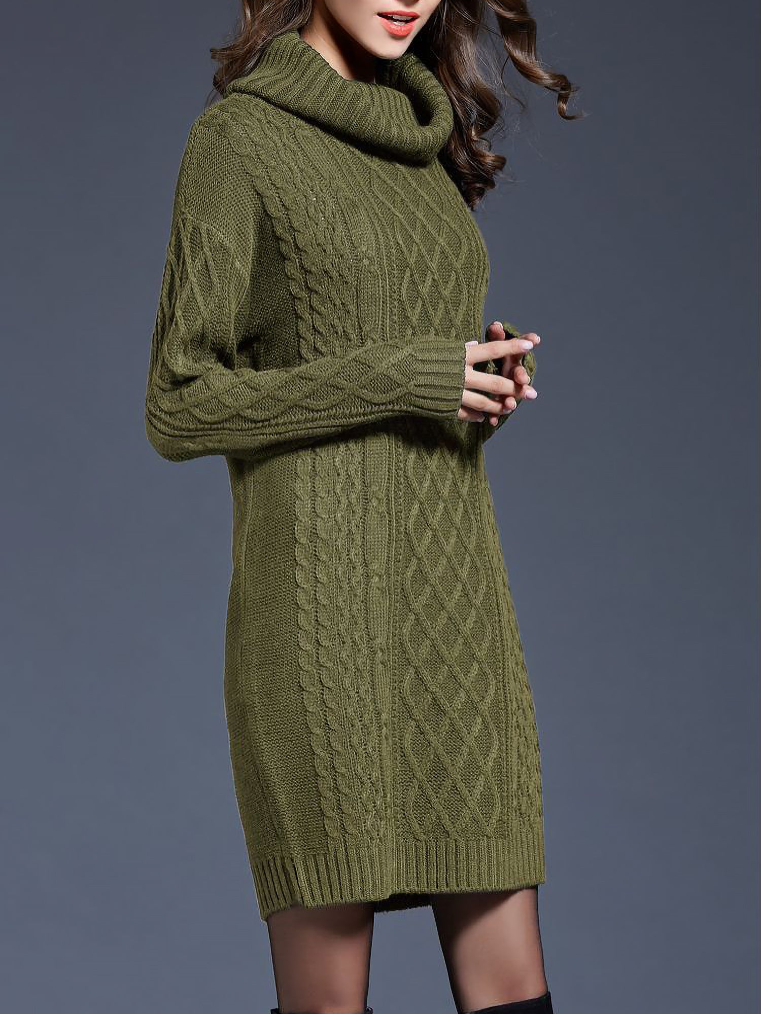 Turtle Neck Twist Knit Long Sleeves Mini Sweater Dress
