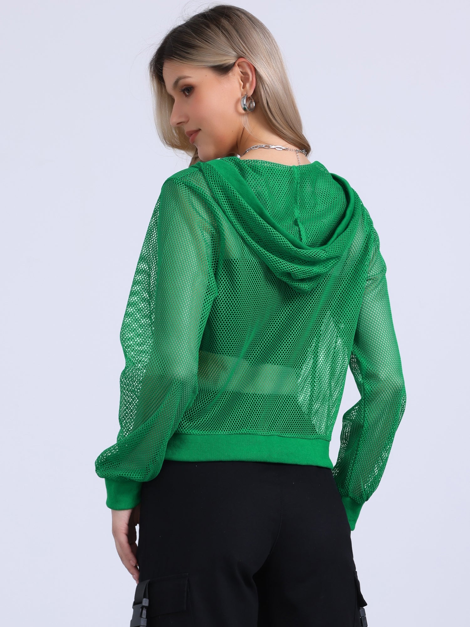 Zip Up Long Sleeve Mesh Sheer Hoodie Bomber Jackets