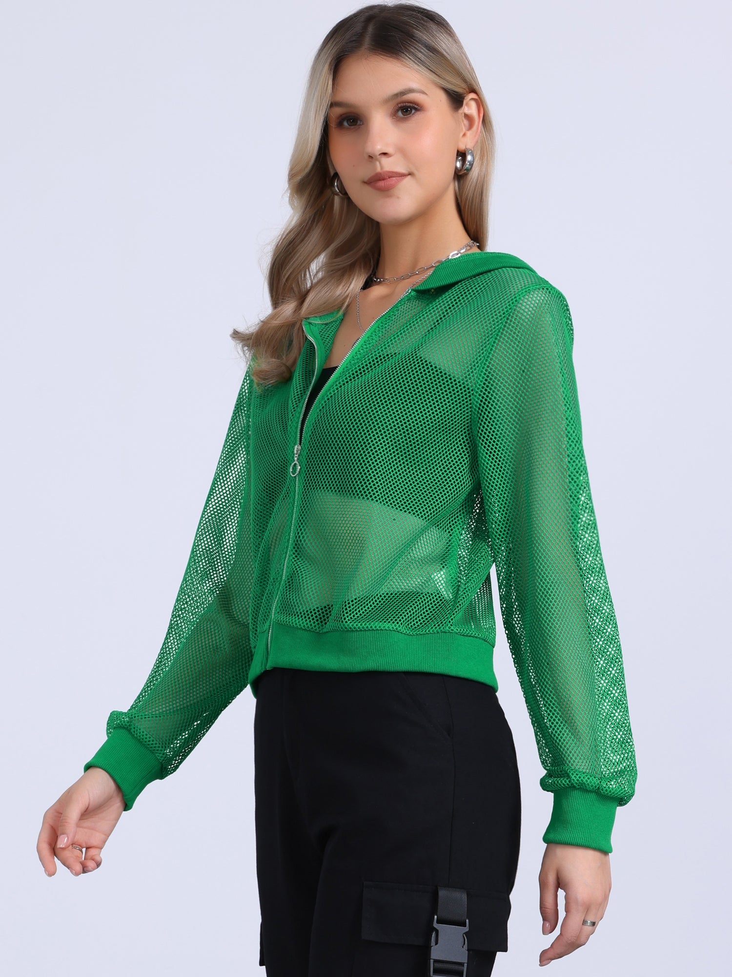 Zip Up Long Sleeve Mesh Sheer Hoodie Bomber Jackets