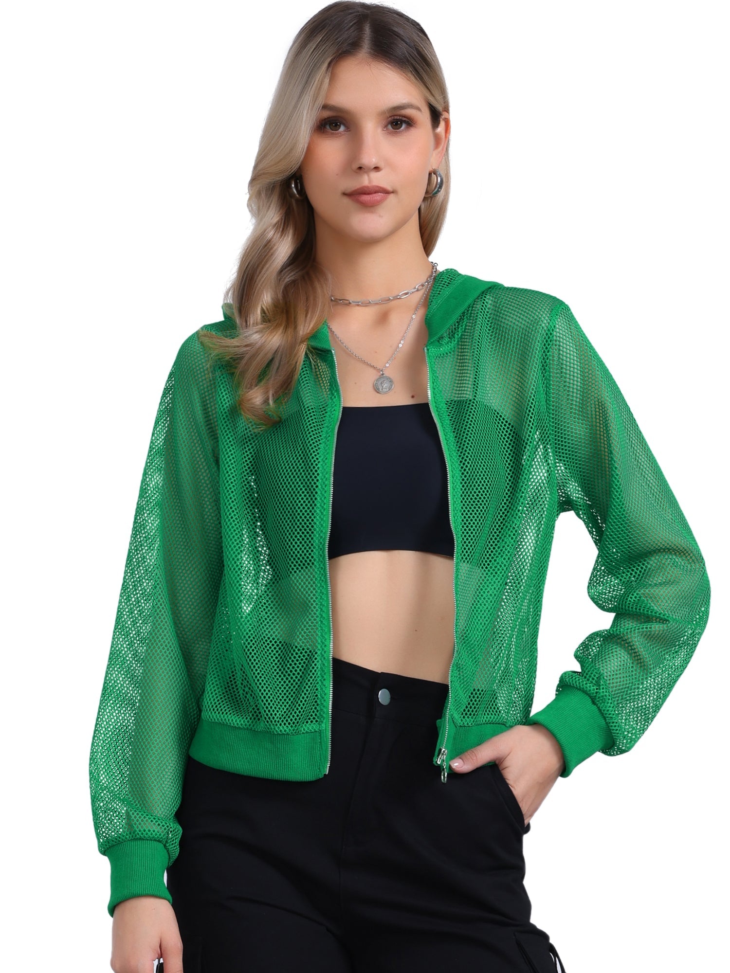 Zip Up Long Sleeve Mesh Sheer Hoodie Bomber Jackets