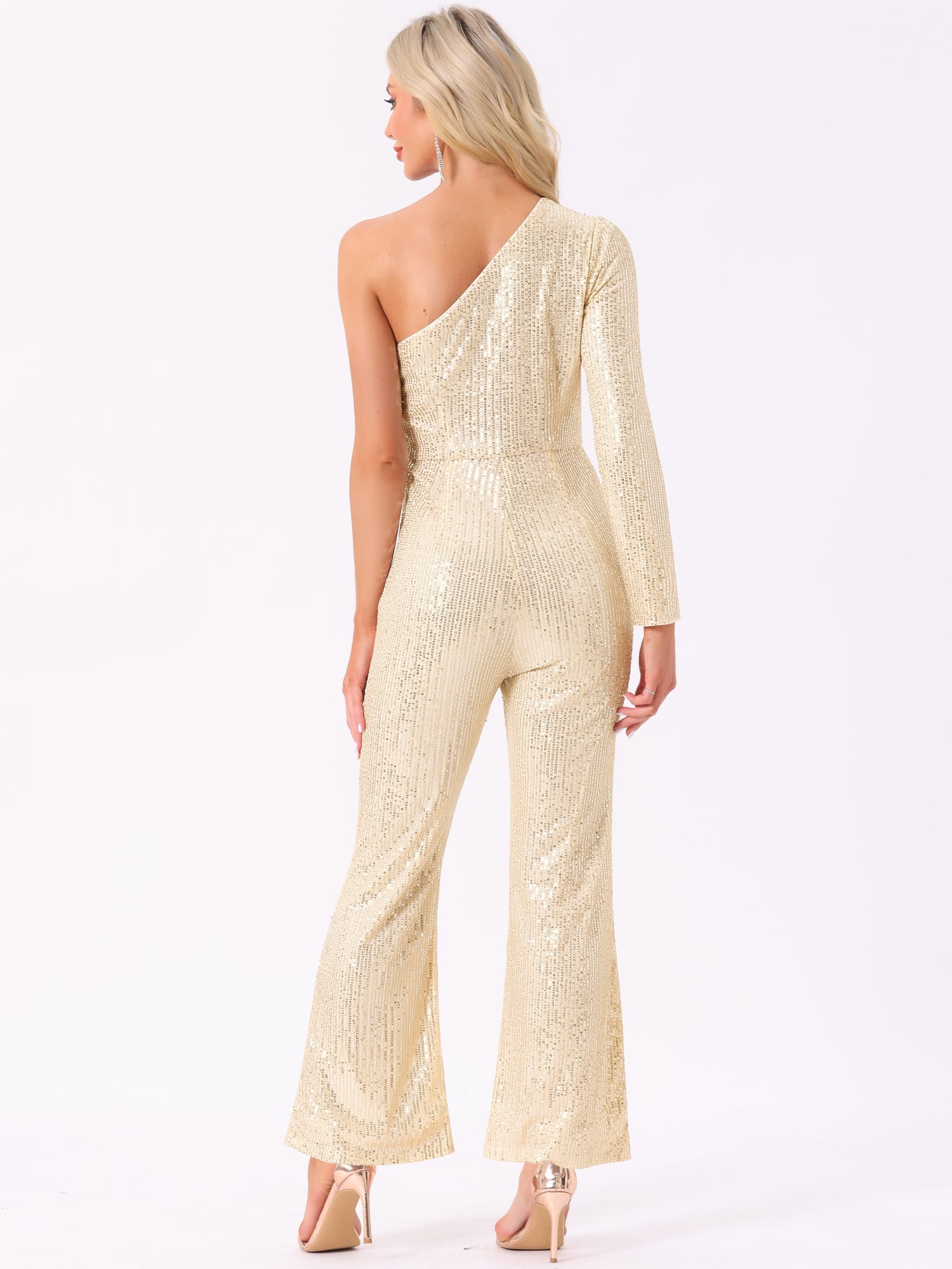 Sequin One Shoulder See Through Wide Legs Party Jumpsuit