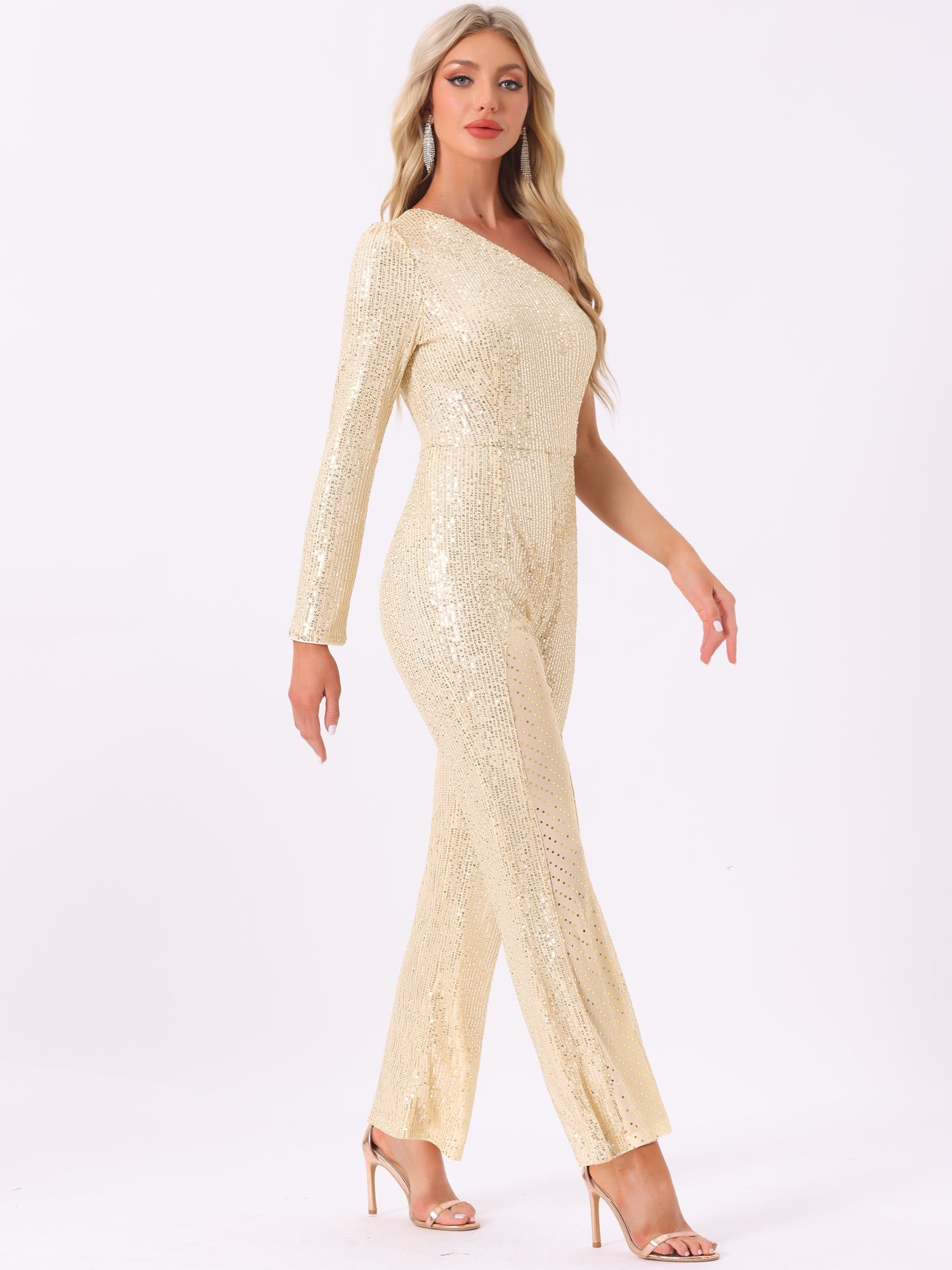 Sequin One Shoulder See Through Wide Legs Party Jumpsuit