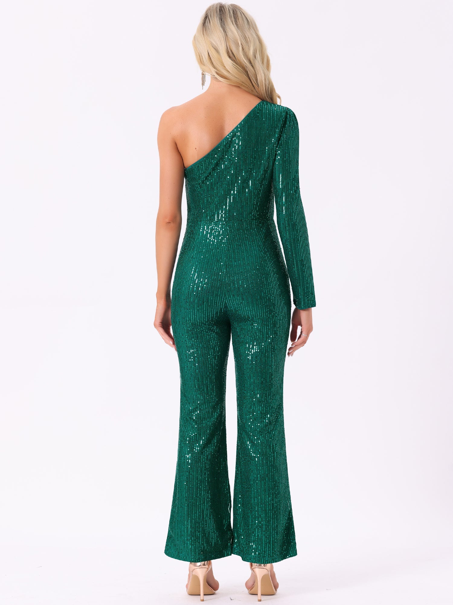 Sequin One Shoulder See Through Wide Legs Party Jumpsuit