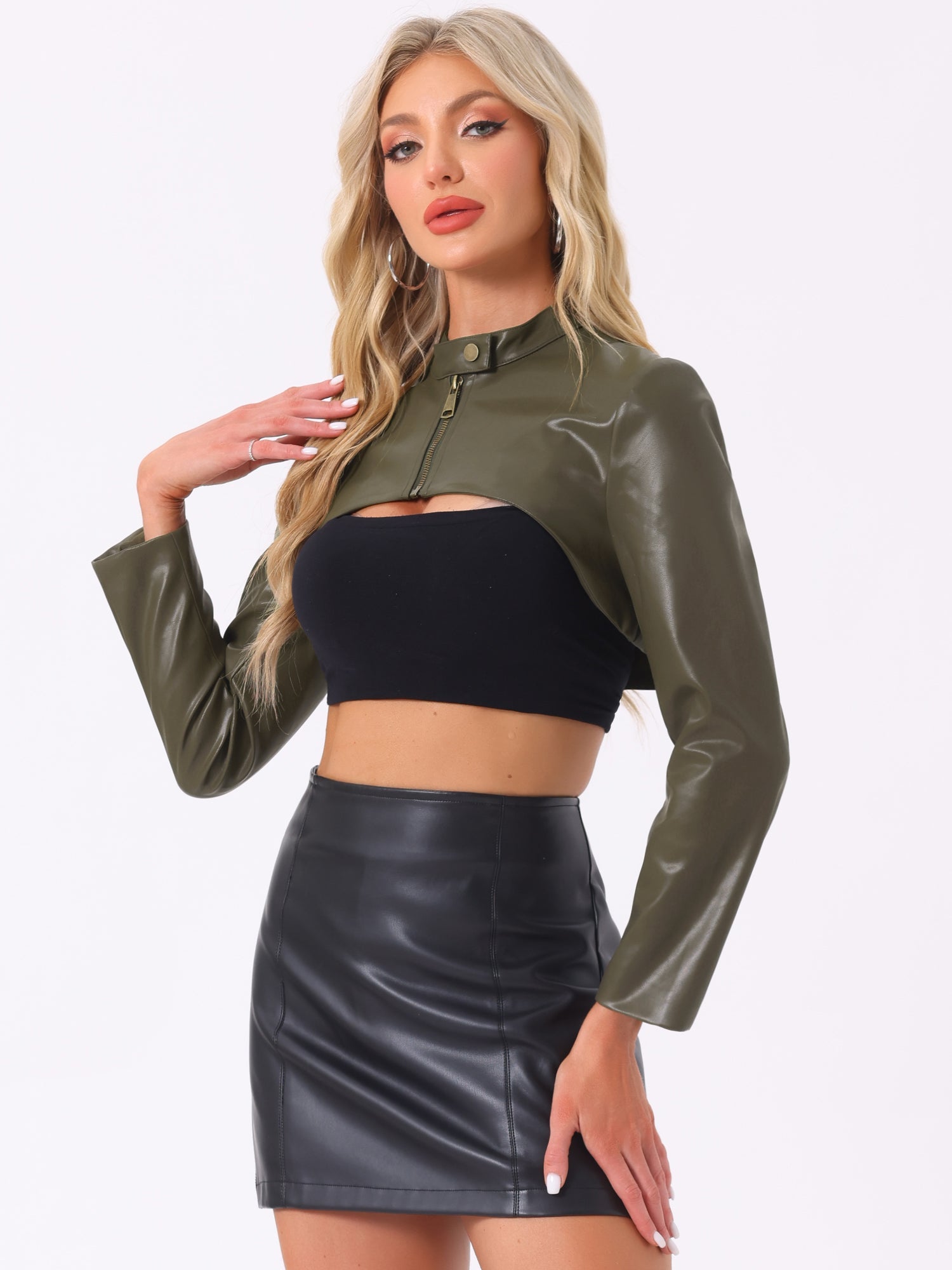 Faux Leather Stand Collar Moto Biker Cropped Jacket Shrugs