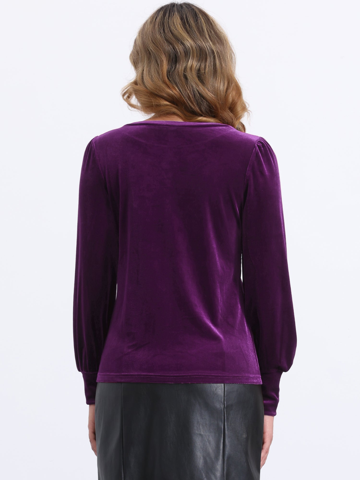 Velvet Round Neck Puff Long Sleeve Casual Pullover Blouse