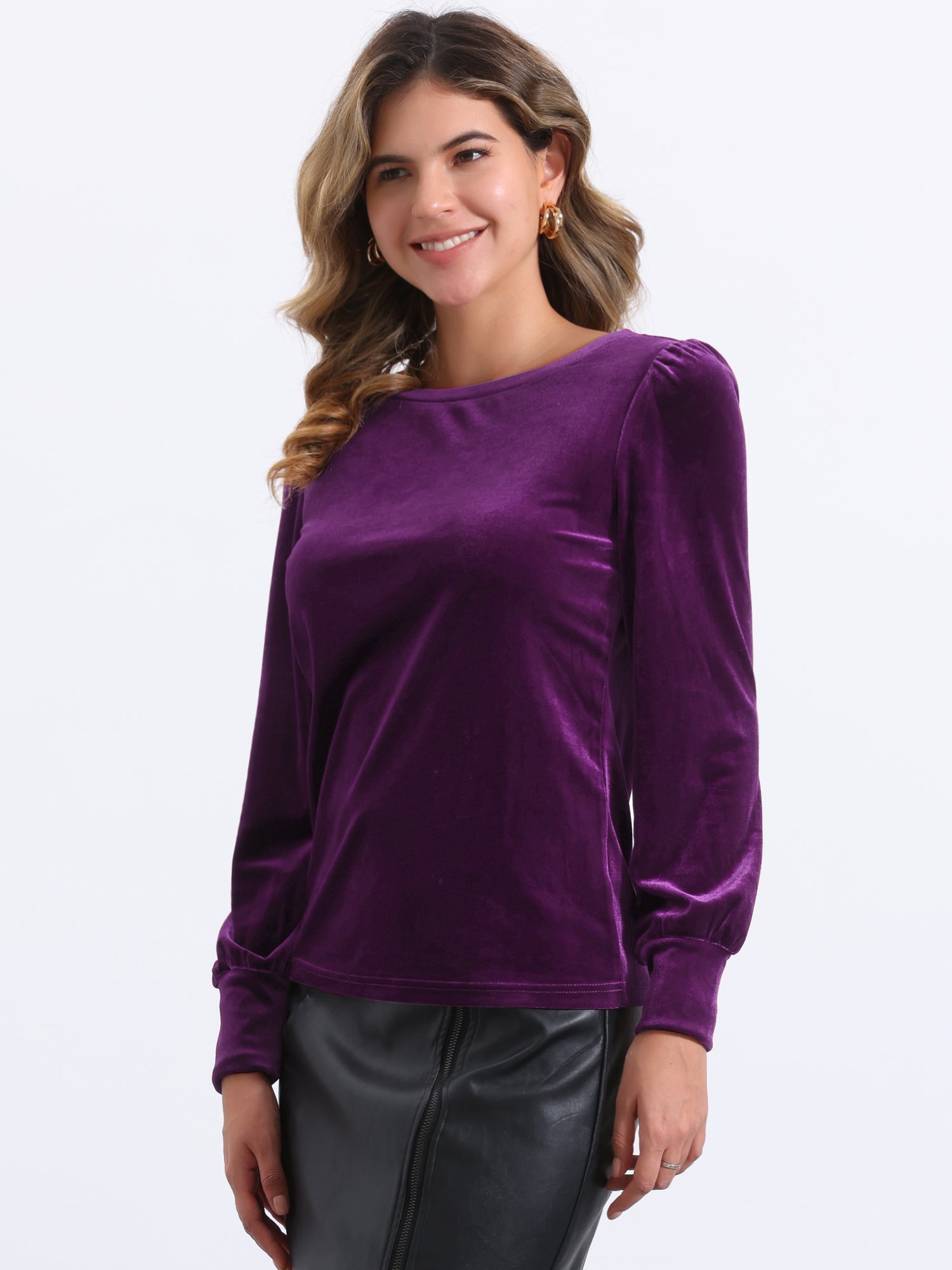 Velvet Round Neck Puff Long Sleeve Casual Pullover Blouse