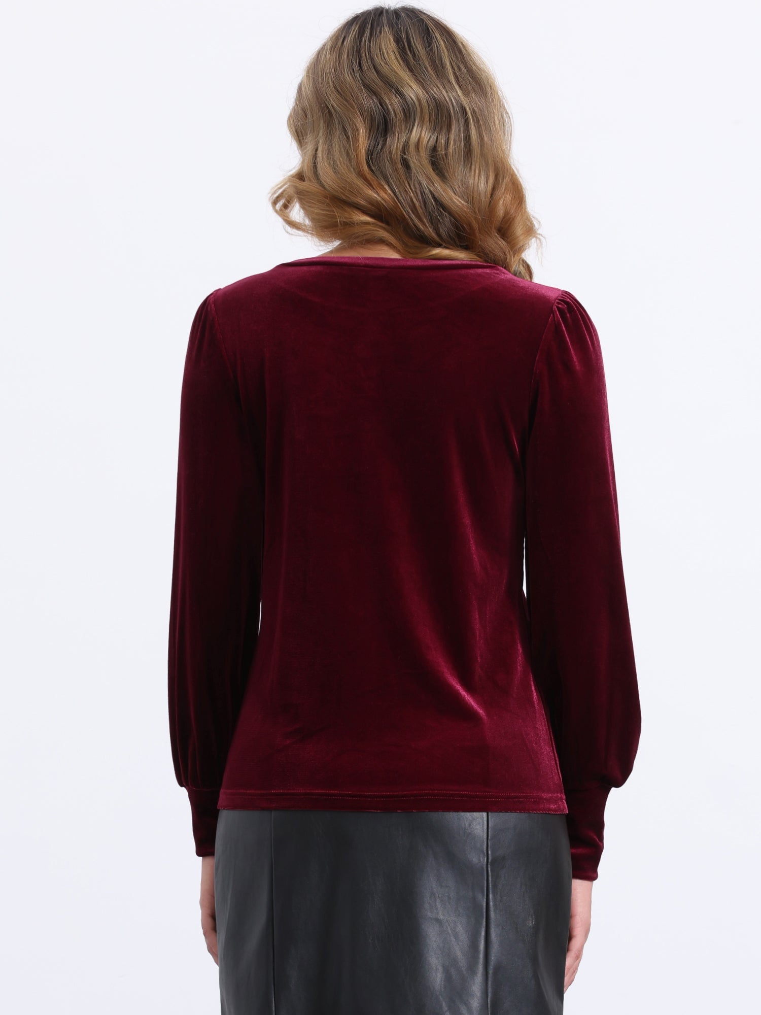 Velvet Round Neck Puff Long Sleeve Casual Pullover Blouse