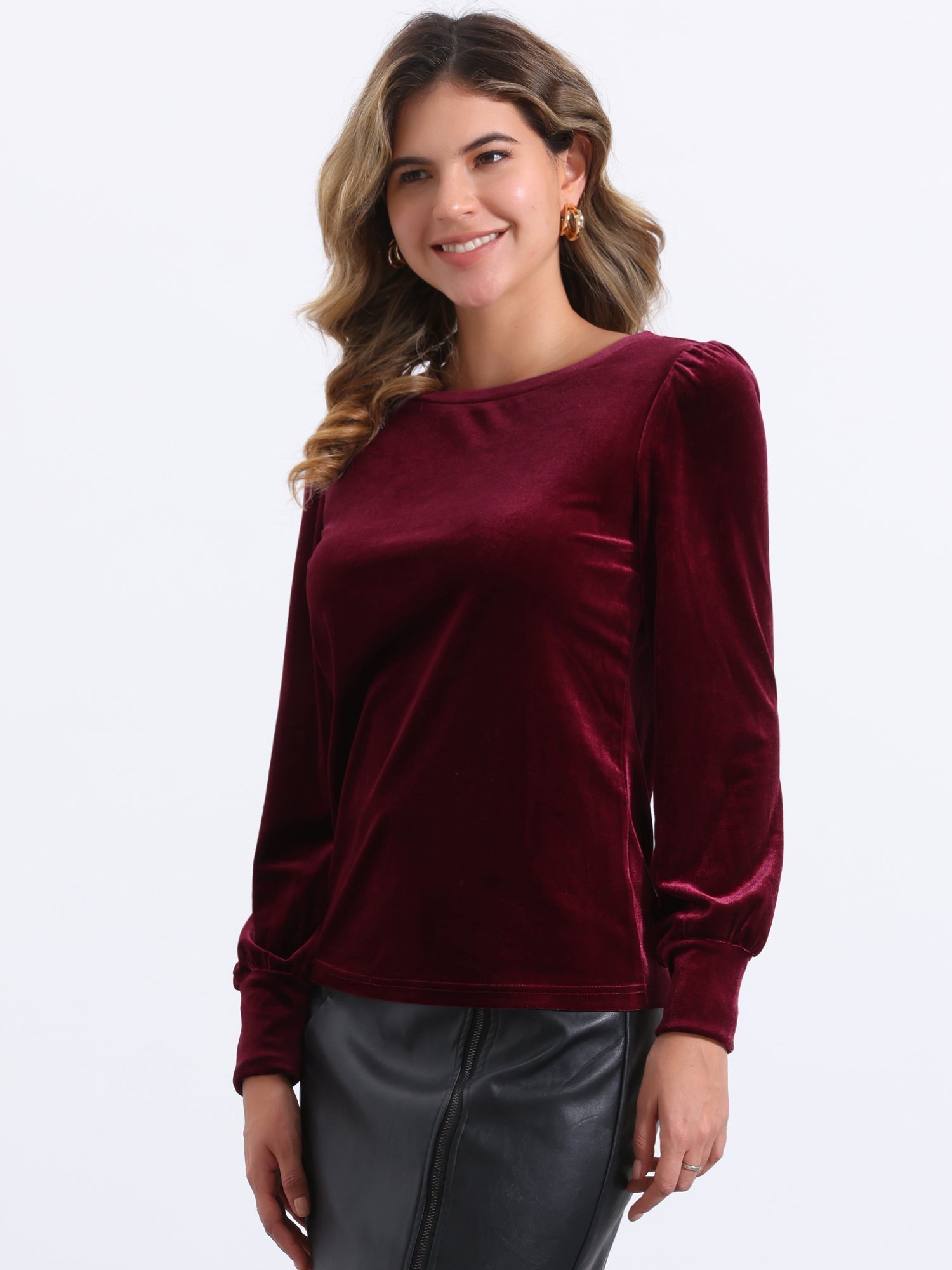 Velvet Round Neck Puff Long Sleeve Casual Pullover Blouse