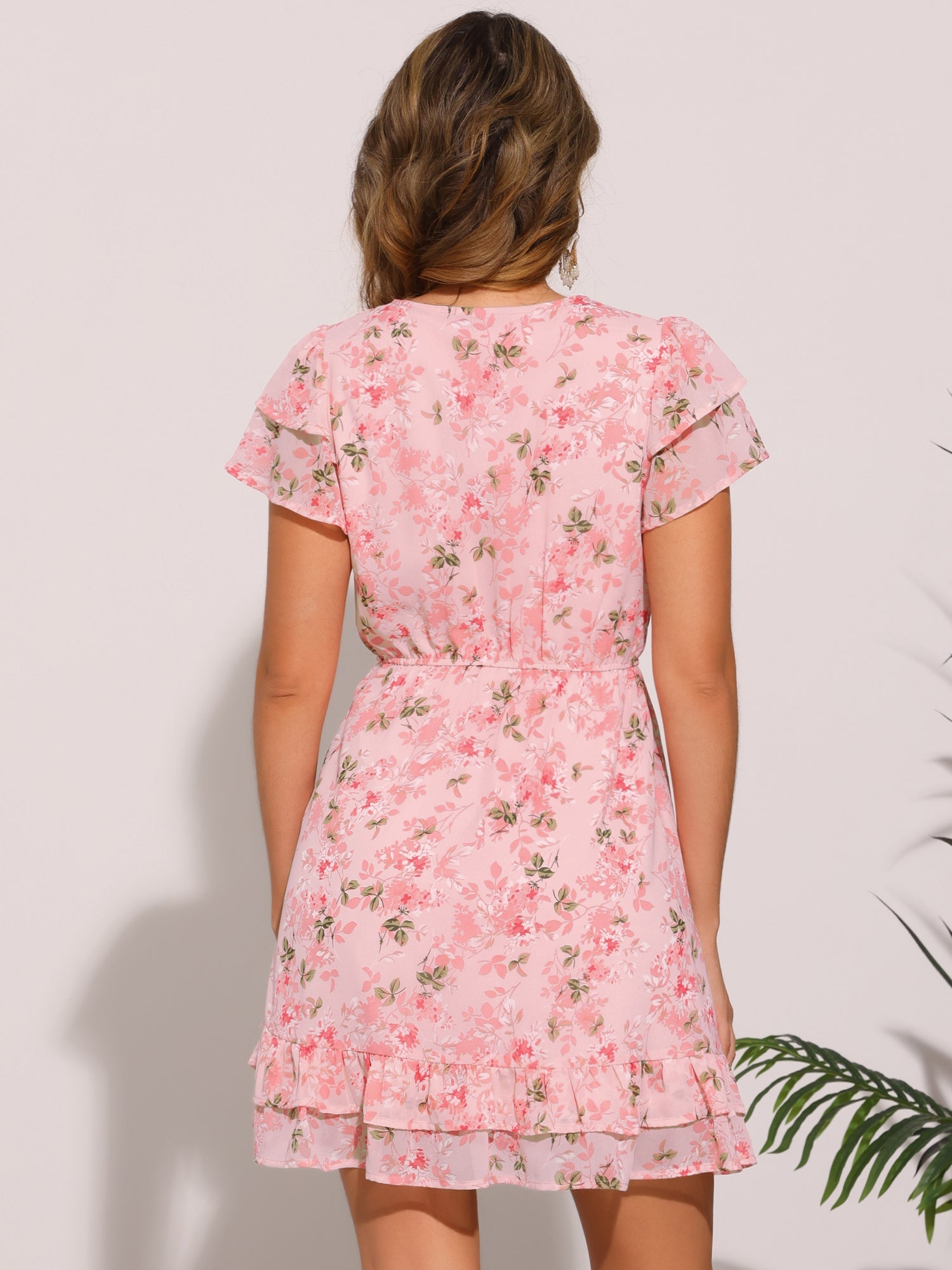 Ruffle Sleeve V Neck Above Knee A-Line Floral Chiffon Dress