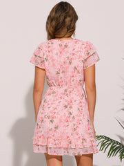 Ruffle Sleeve V Neck Above Knee A-Line Floral Chiffon Dress