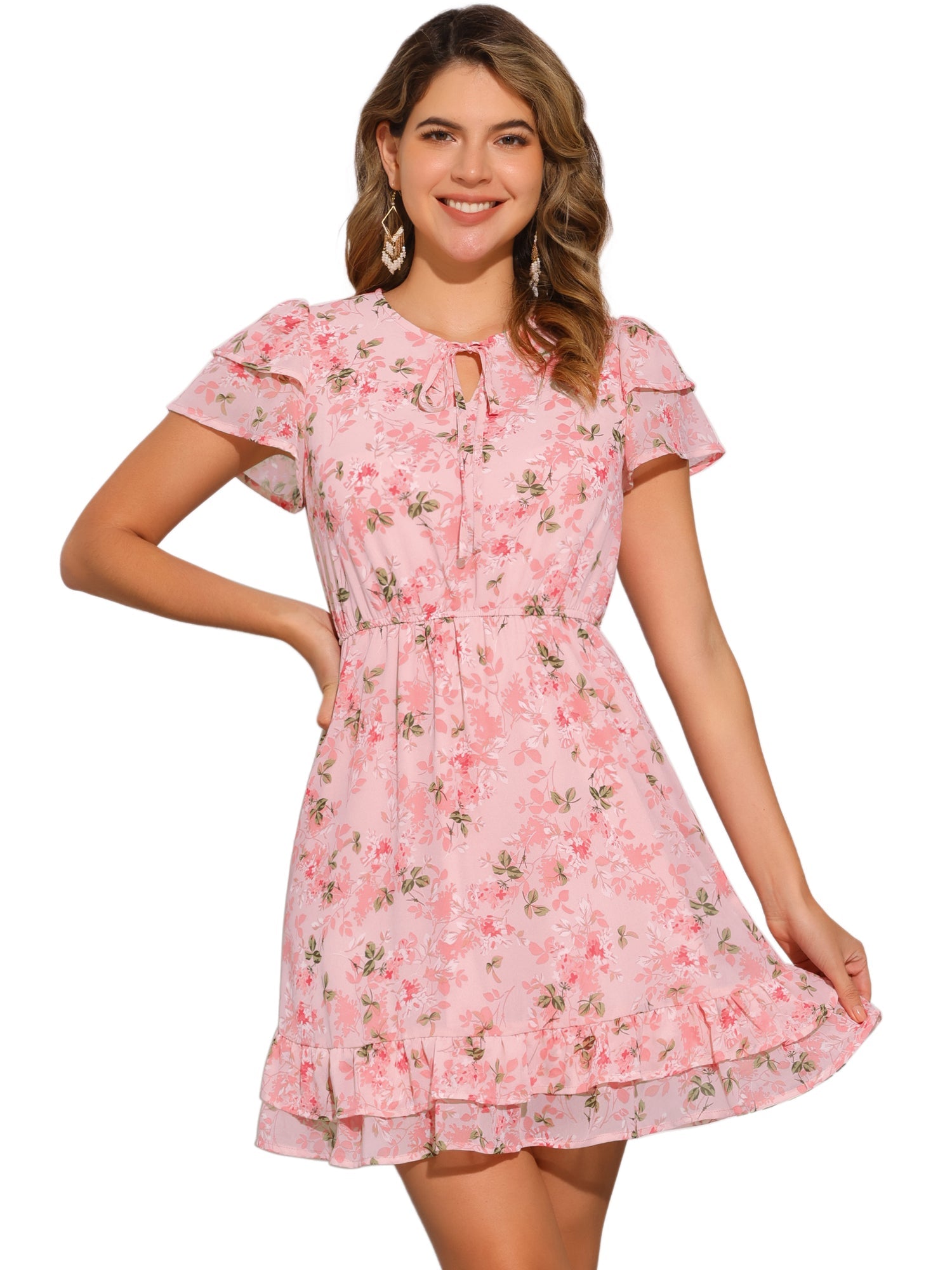 Ruffle Sleeve V Neck Above Knee A-Line Floral Chiffon Dress