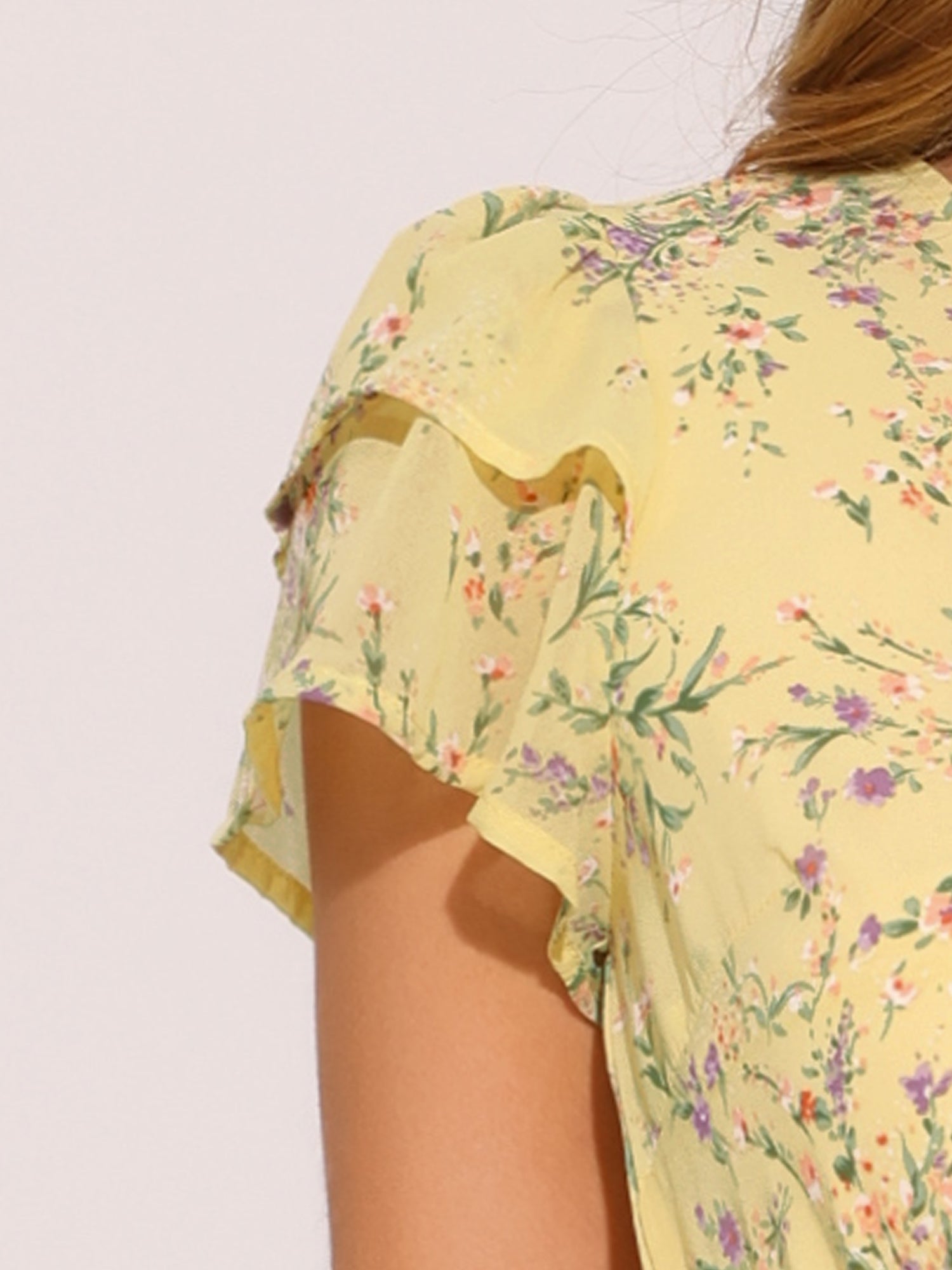 Ruffle Sleeve V Neck Above Knee A-Line Floral Chiffon Dress