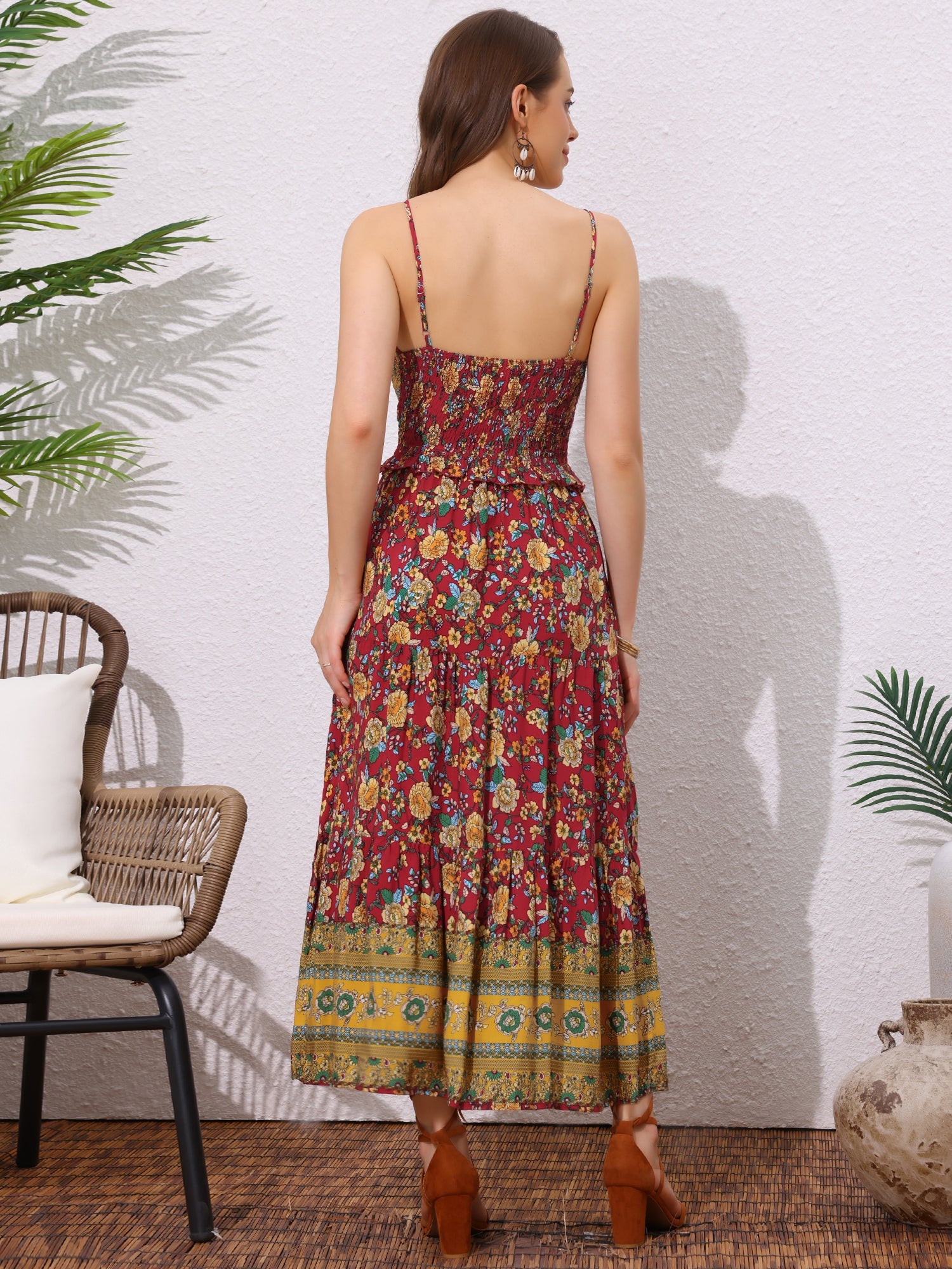 Boho Floral Summer Spaghetti Strap A-Line Flowy Smocked Midi Dress Sundress