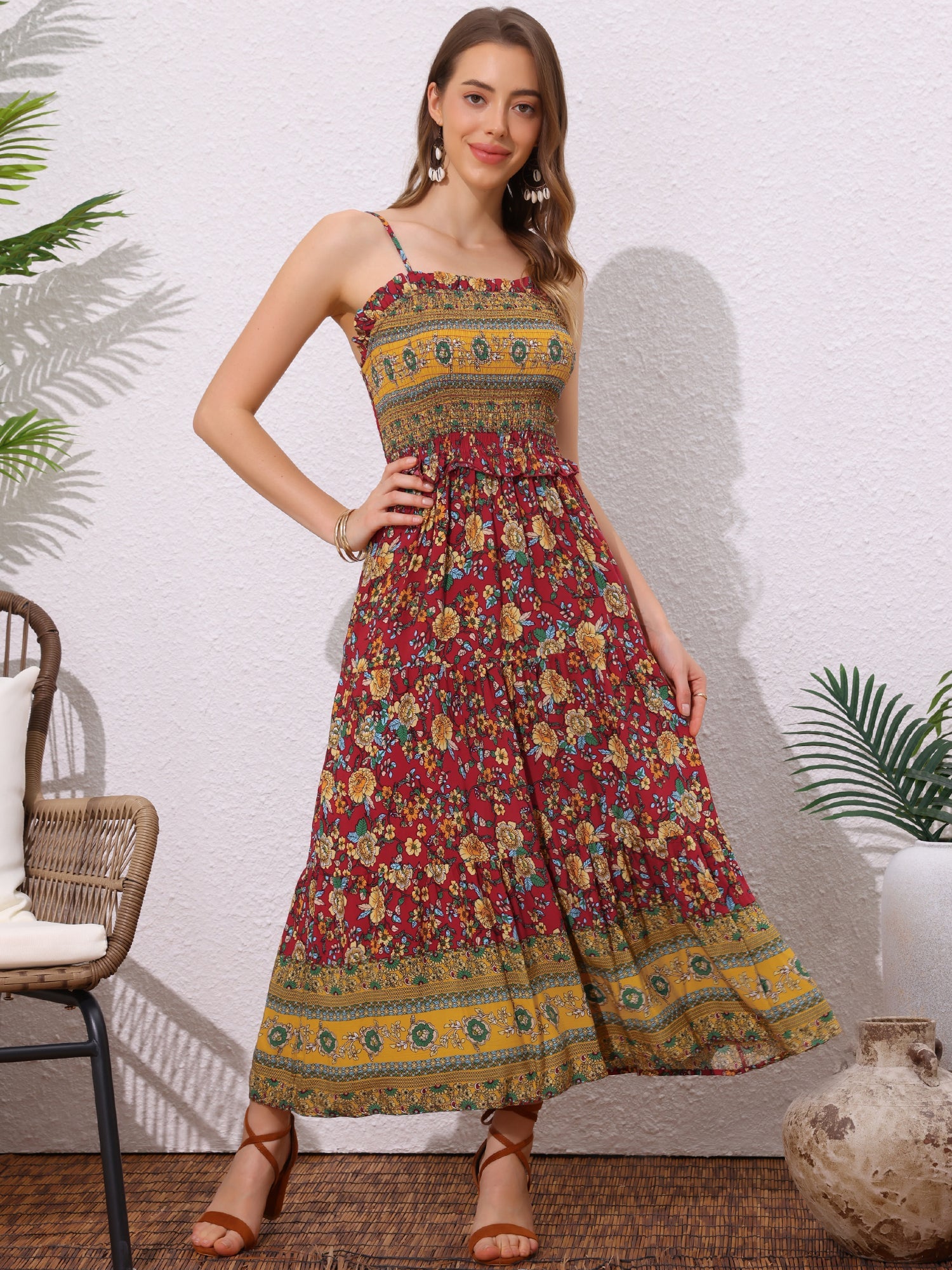Boho Floral Summer Spaghetti Strap A-Line Flowy Smocked Midi Dress Sundress